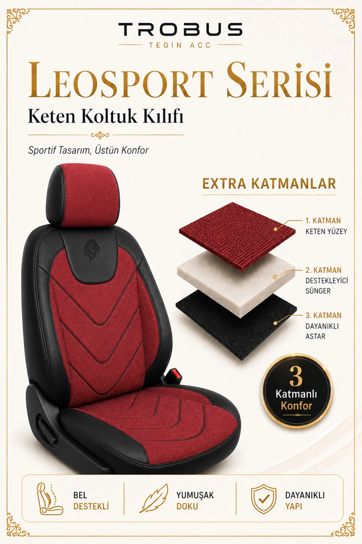 LeoSport Serisi Ortopedik Keten Oto Koltuk Kılıfı Kırmızı Siyah Fiyatı, Yorumları ve Özellikleri