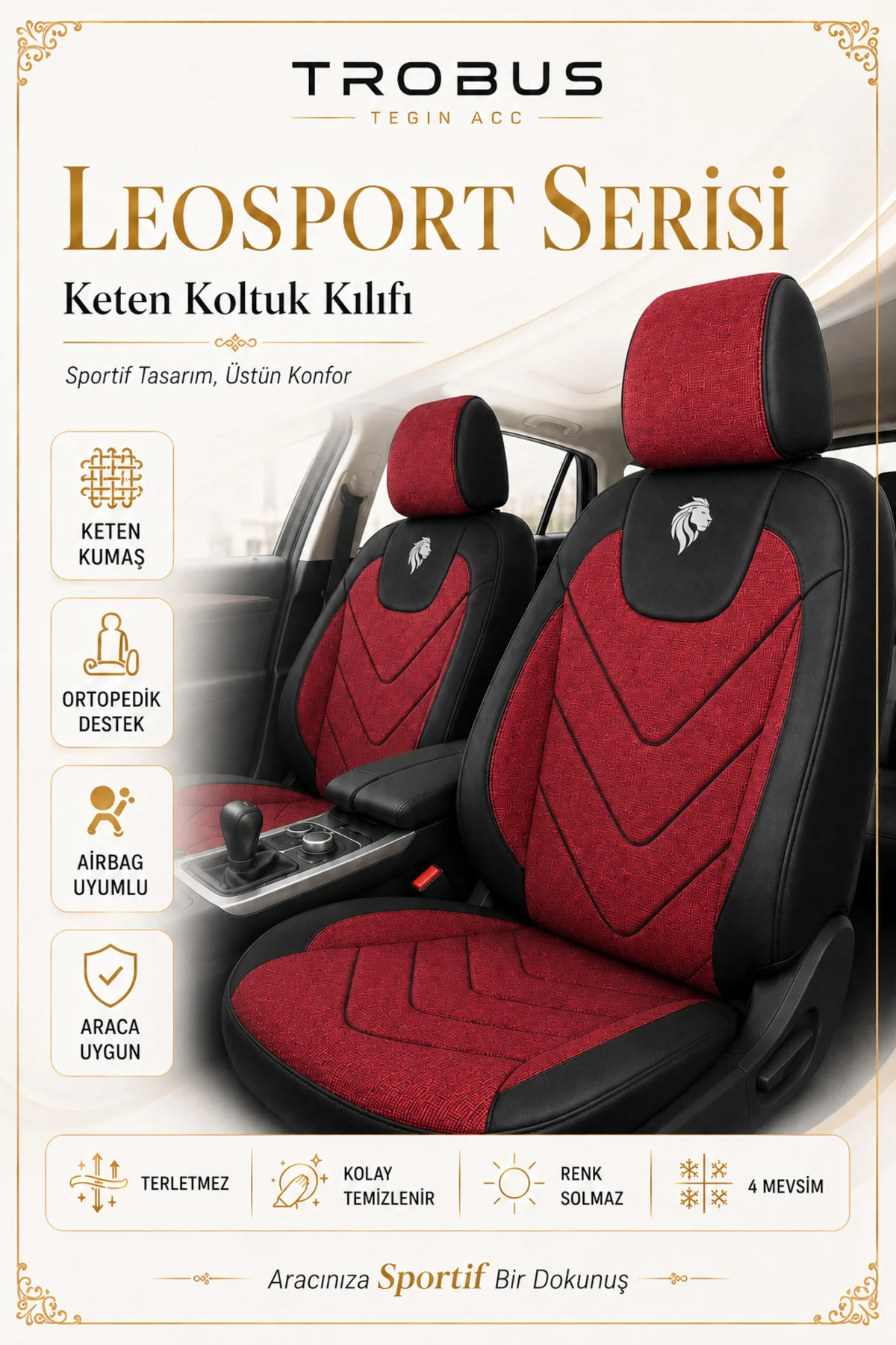 LeoSport Serisi Ortopedik Keten Oto Koltuk Kılıfı Kırmızı Siyah Fiyatı, Yorumları ve Özellikleri
