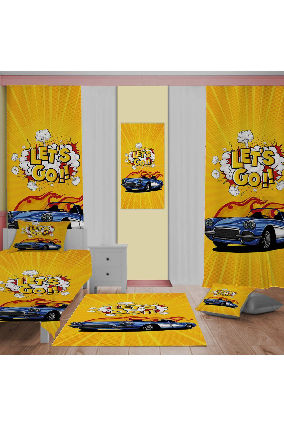 Evan Home Let's Go Desenli Çocuk Odası Takım Perde (İki Kanat),Yatak Örtüsü,Yastık,Kırlent ,Halı,Tablo