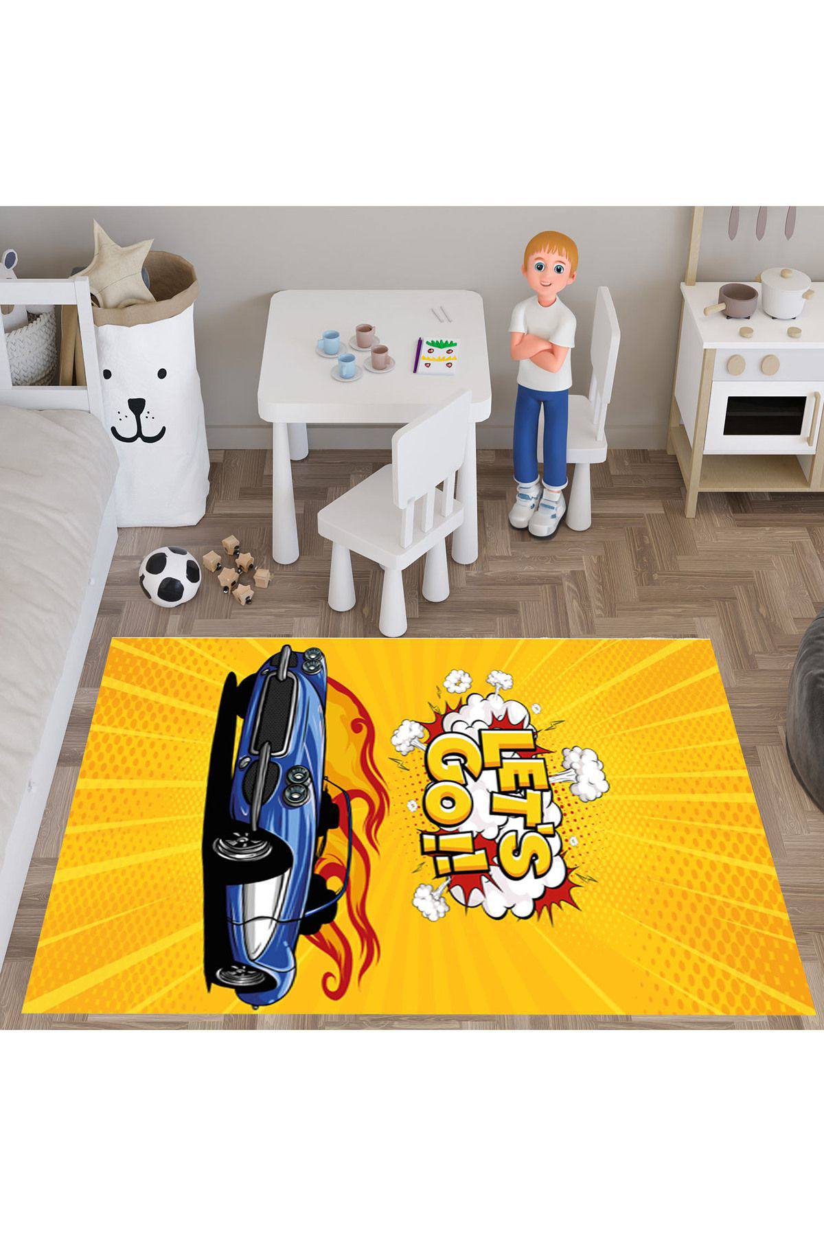 Evan Home Let's Go Desenli  Dijital Baskı Yıkanabilir Kaymaz Taban Çocuk Odası Halısı