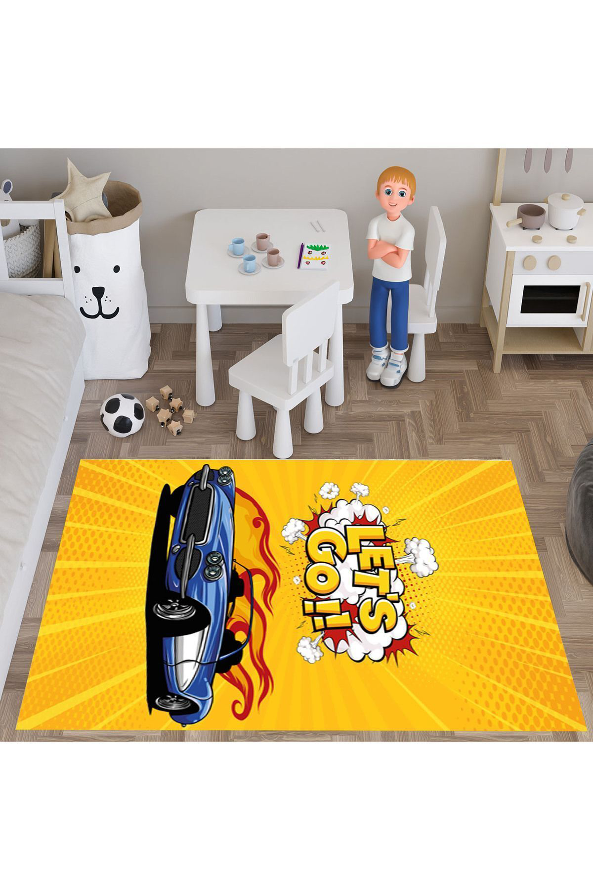 Evan Home Let's Go Desenli Çocuk Odası Takım Perde (İki Kanat),Yatak Örtüsü,Yastık,Kırlent ,Halı,Tablo