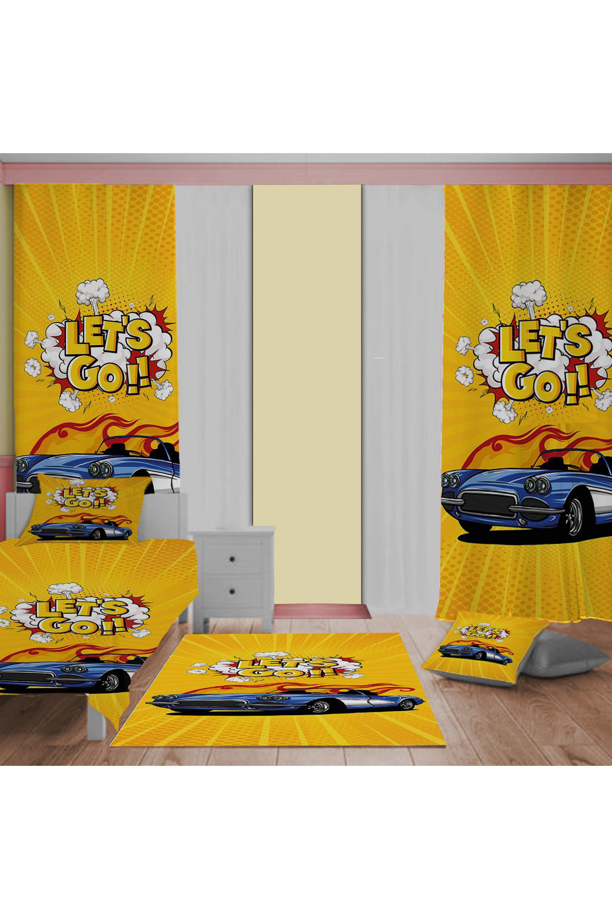 Evan Home Let's Go Desenli Çocuk Odası Takım Perde (İki Kanat),Yatak Örtüsü,Yastık,Kırlent ,Halı,