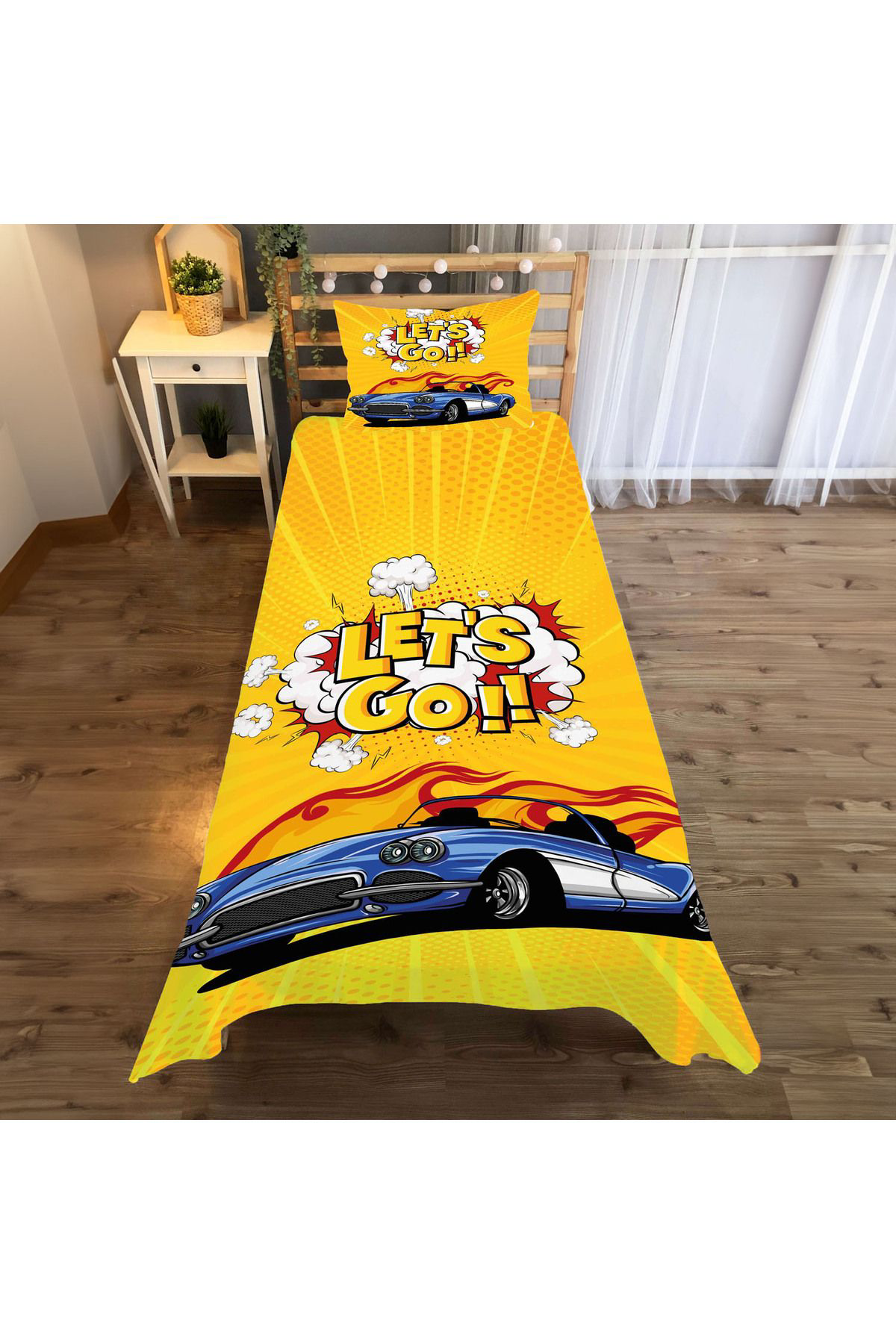 Evan Home Let's Go Desenli Çocuk Odası Takım Perde (İki Kanat),Yatak Örtüsü,Yastık,Kırlent ,Halı,