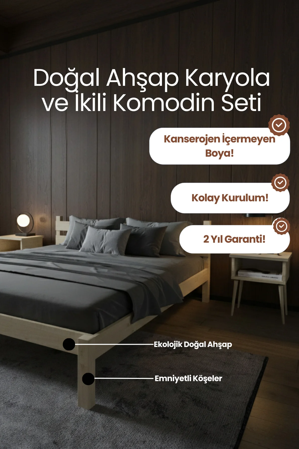 Letto Masif Çam Karyola ve İki Adet Komodin Seti- Masif Ahşap Modern Takım Fiyatı, Yorumları ve Özellikleri
