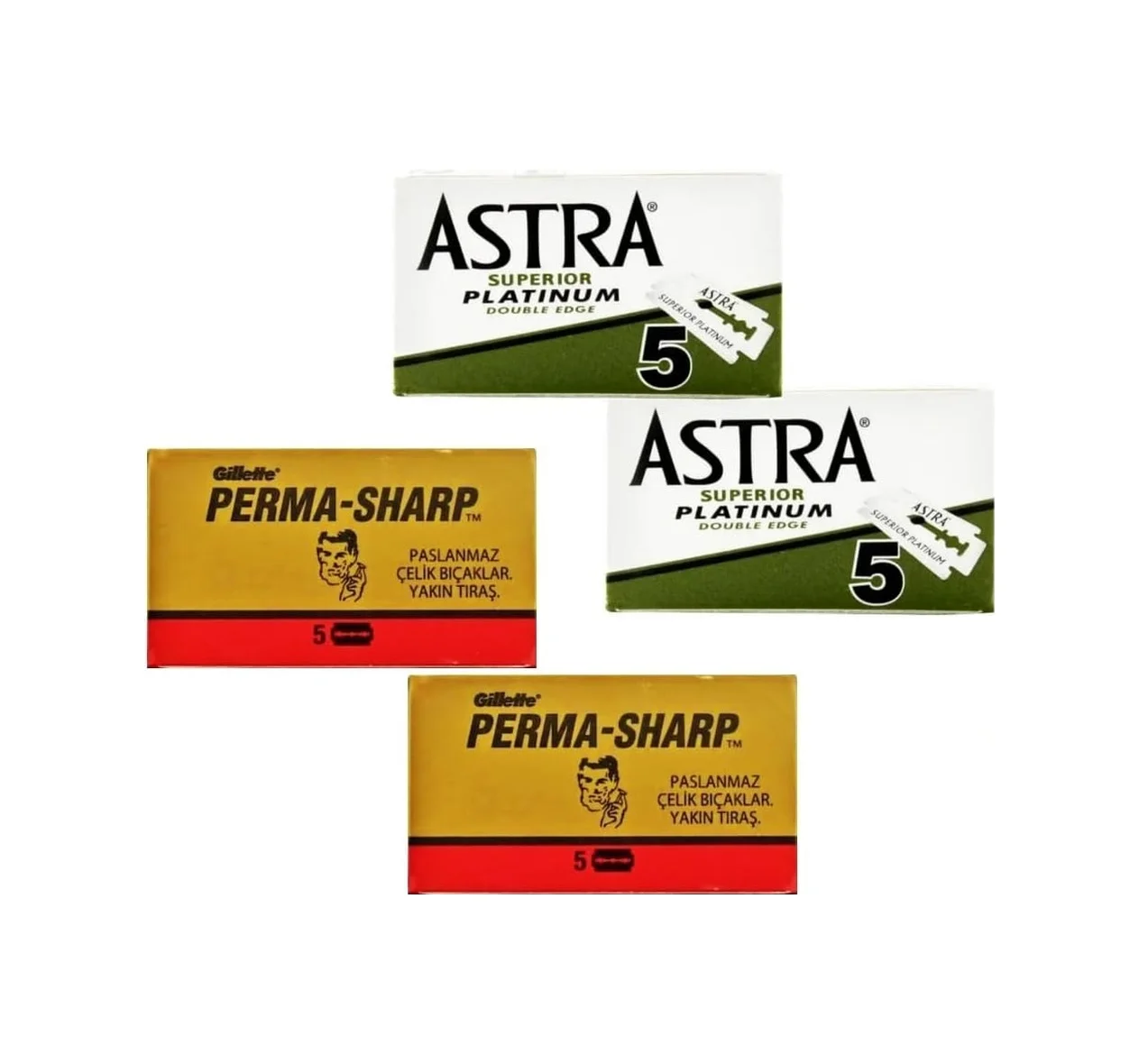 Lexroo 2 Adet 5'li Kutu Astra Ve 2 Adet 5'li Kutu Permasharp Çift Taraflı Tıraş Bıçağı Lexroo 2 Adet 5'li Kutu Astra Ve 2 Adet 5'li Kutu Permasharp Çift Taraflı Tıraş Bıçağı