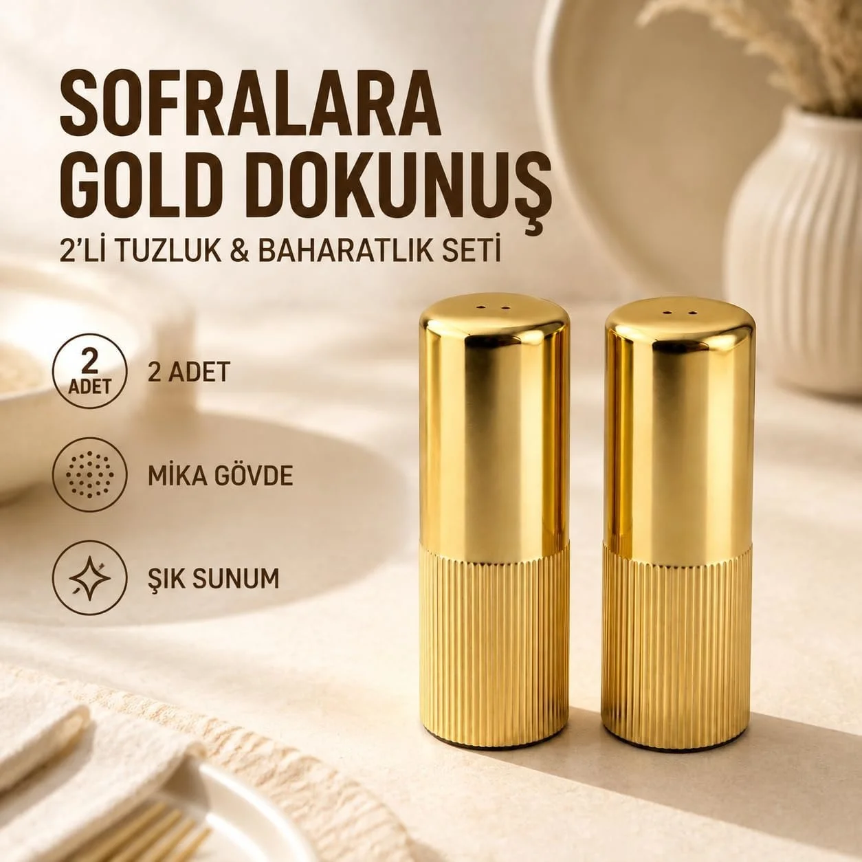 Lexroo 2 Li Gold Tuzluk Ve Baharatlık Seti, Şık Çizgili Mika Gövde Lexroo 2 Li Gold Tuzluk Ve Baharatlık Seti, Şık Çizgili Mika Gövde