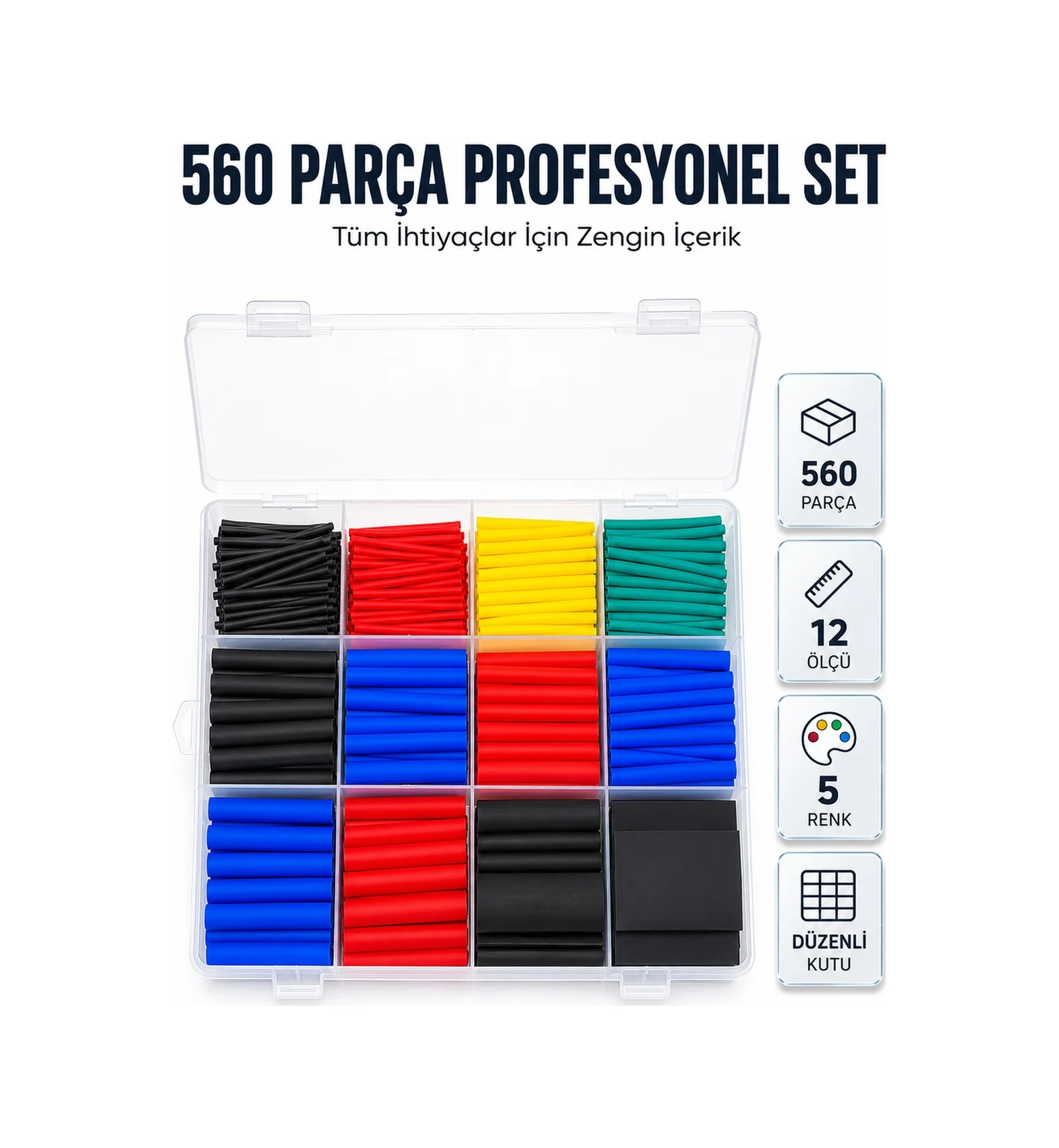 Lexroo 560 Parça Kablo İzolasyon Makaron Seti 12 Ölçü 5 Renk Heat Shrink Tube Organizer Kutulu Standart Lexroo 560 Parça Kablo İzolasyon Makaron Seti 12 Ölçü 5 Renk Heat Shrink Tube Organizer Kutulu Standart