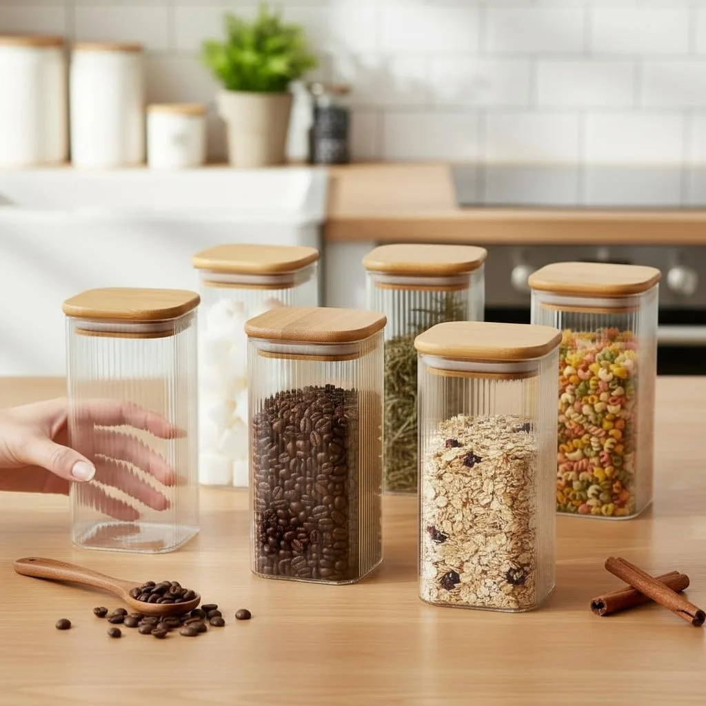 Lexroo 6'lı Set 425 Ml Bambu Kapaklı Kare Cam Kavanoz Çok Renkli Lexroo 6'lı Set 425 Ml Bambu Kapaklı Kare Cam Kavanoz Çok Renkli