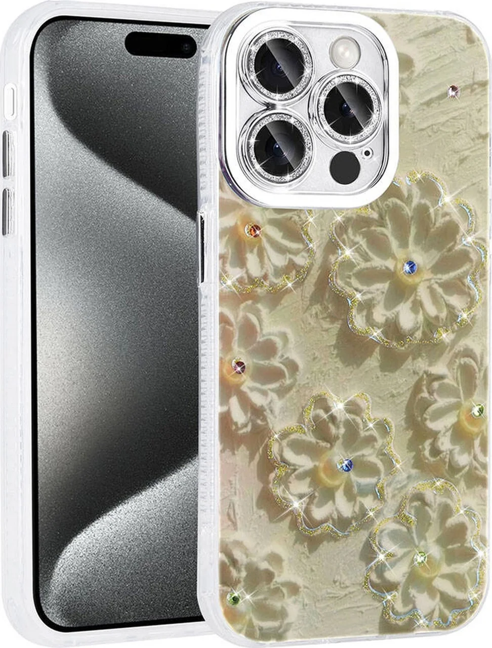 Lexroo Apple iPhone Uyumlu 14 Pro Max Kılıf Çiçek Desenli Parlak Taşlı Sert Silikon Garden Kılıf - Beyaz Lexroo Apple iPhone Uyumlu 14 Pro Max Kılıf Çiçek Desenli Parlak Taşlı Sert Silikon Garden Kılıf - Beyaz