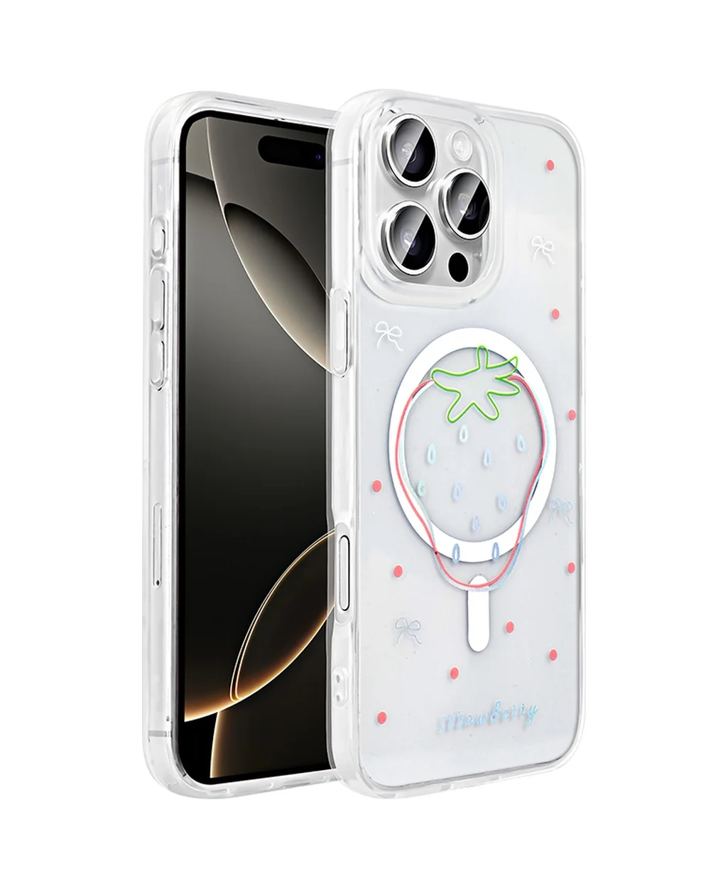 Lexroo Apple iPhone Uyumlu 16 Pro Kılıf M-safe Şarj Özellikli Şeffaf Folk Sert Kılıf - Çilek Lexroo Apple iPhone Uyumlu 16 Pro Kılıf M-safe Şarj Özellikli Şeffaf Folk Sert Kılıf - Çilek