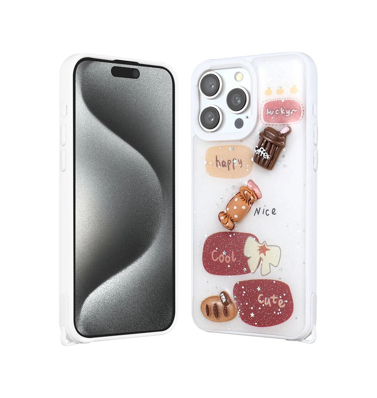 Lexroo Apple iPhone Uyumlu 15 Pro Max Kılıf Parlayan Simli Kabartma Figürlü Cevze Kılıf - Beyaz Lexroo Apple iPhone Uyumlu 15 Pro Max Kılıf Parlayan Simli Kabartma Figürlü Cevze Kılıf - Beyaz