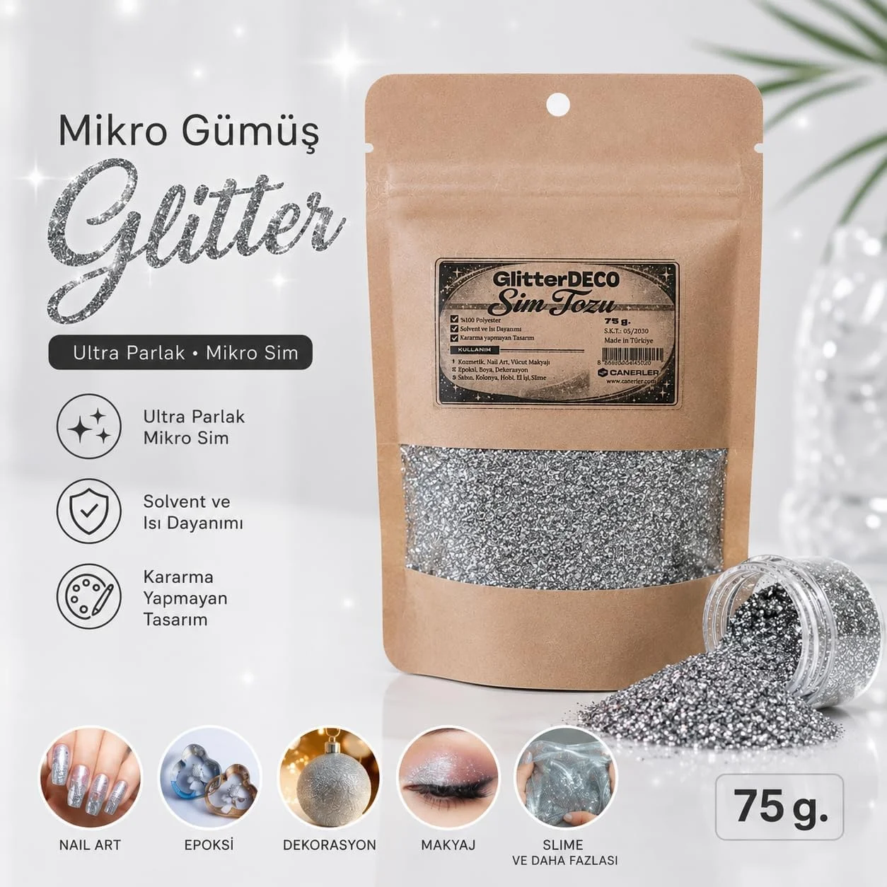 Lexroo Gümüş Glitter Sim Tozu - Epoxy Nailart Makyaj Mum Kolonya Dekorasyon İnce Taneli Lexroo Gümüş Glitter Sim Tozu - Epoxy Nailart Makyaj Mum Kolonya Dekorasyon İnce Taneli