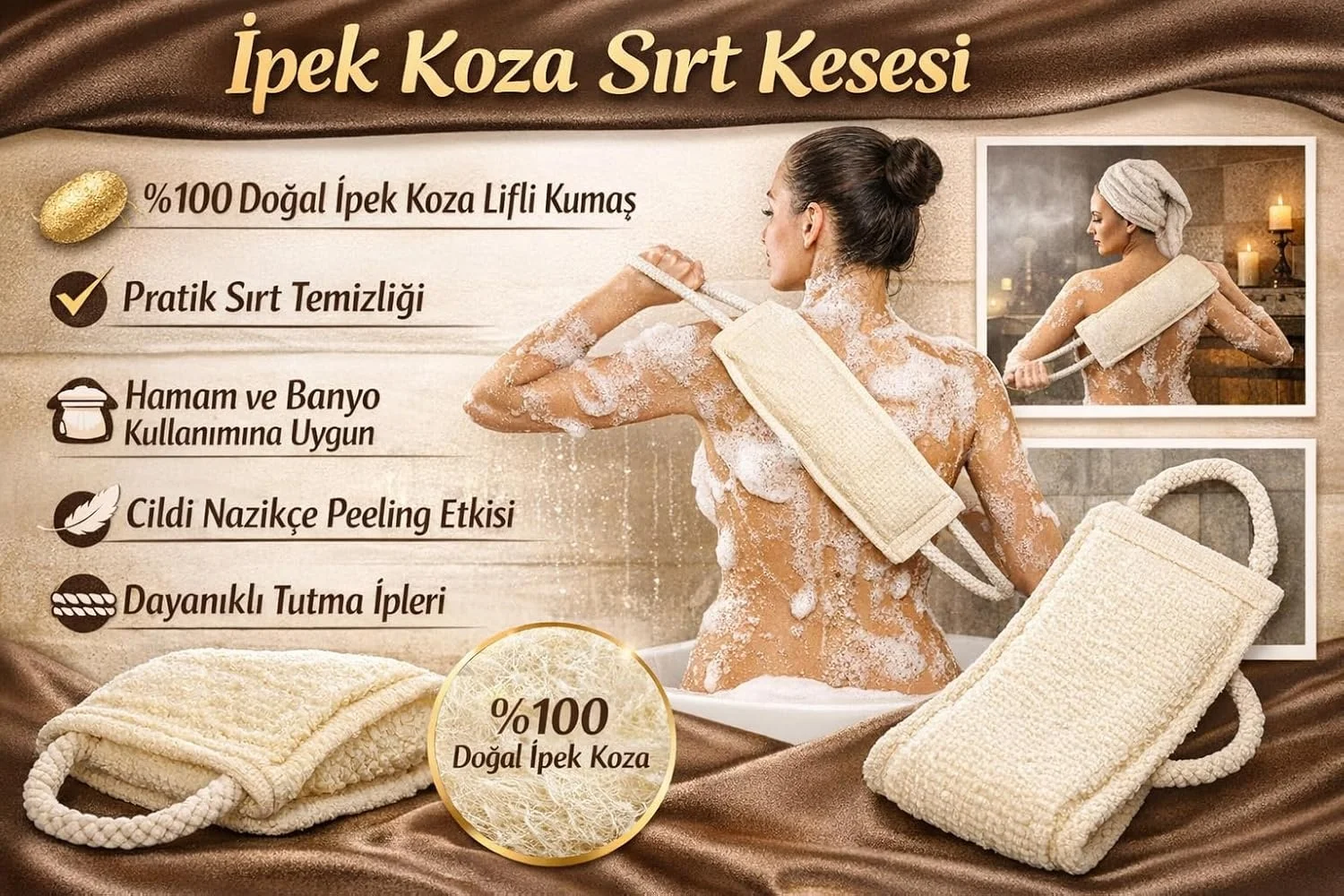 Lexroo İpek Koza Sırt Kesesi, Doğal İpek Lifli Özel Dokuma, Çift Tutma İpli Ergonomik Tasarım - Görsel 2