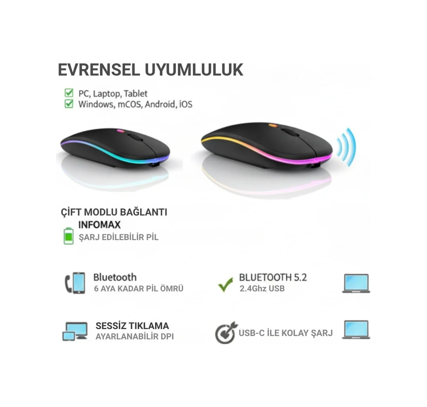 Lexroo Kablosuz Mouse, Çift Modlu Şarj Edilebilir Rgb Işıklı Sessiz Mouse, Pc, Laptop, Macbook Uyumlu Evrensel Lexroo Kablosuz Mouse, Çift Modlu Şarj Edilebilir Rgb Işıklı Sessiz Mouse, Pc, Laptop, Macbook Uyumlu Evrensel