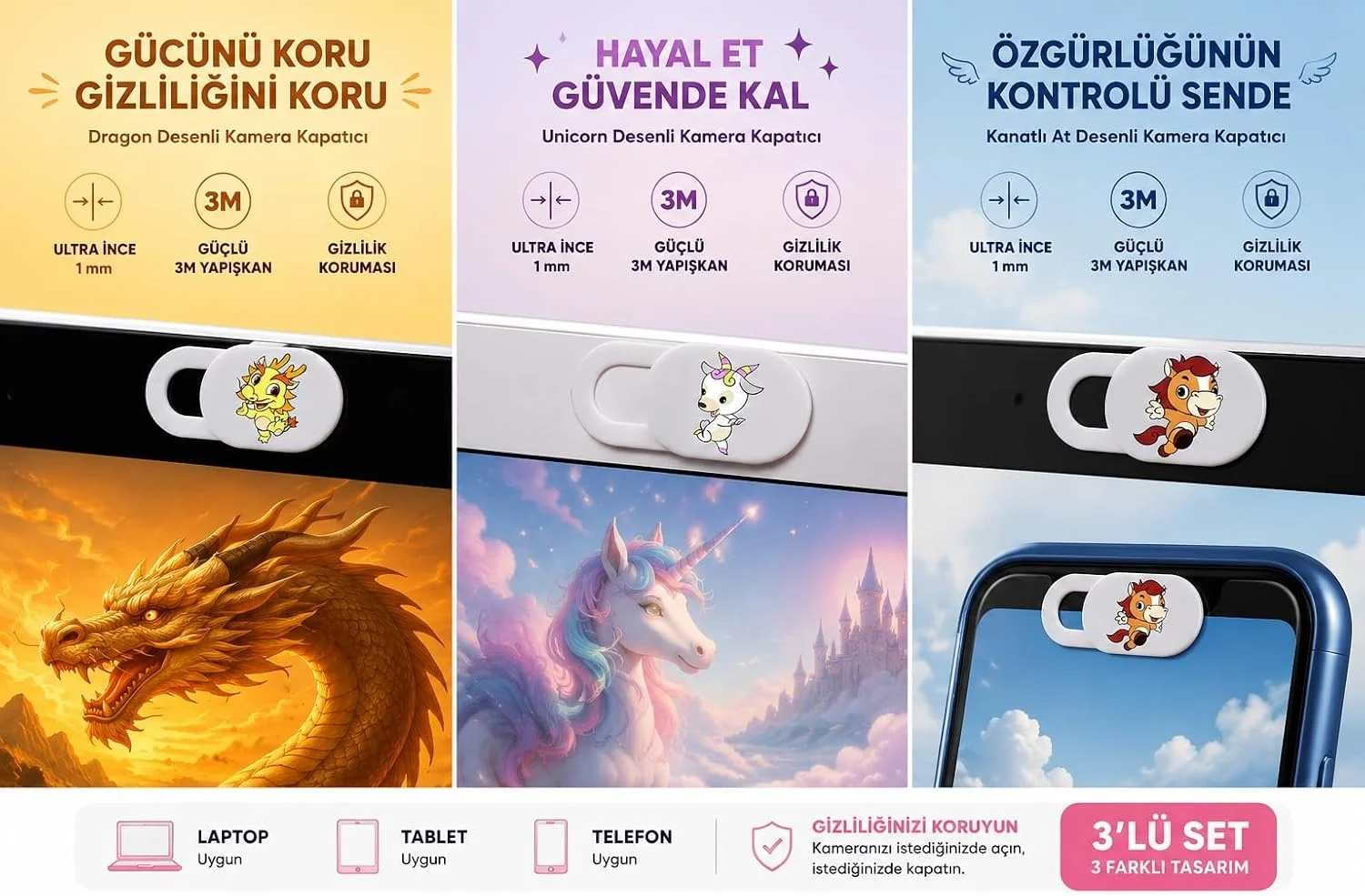 Lexroo Kamera Kapatıcı 3'lü Set, 3 Farklı Karakter Tasarımlı Ultra İnce 1 Mm Sürgülü Webcam Cover Lexroo Kamera Kapatıcı 3'lü Set, 3 Farklı Karakter Tasarımlı Ultra İnce 1 Mm Sürgülü Webcam Cover
