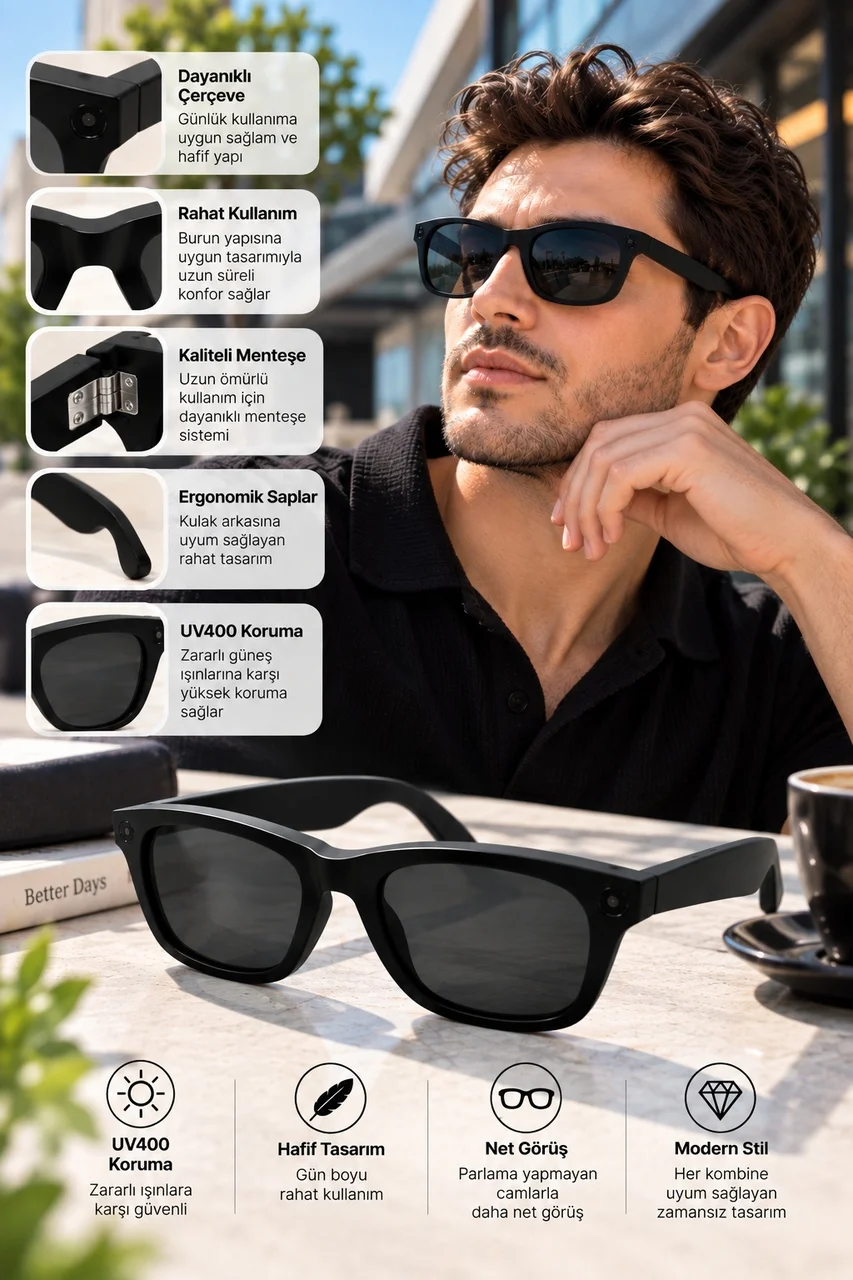 Lexroo Kameralı Akıllı Güneş Gözlüğü Smart Glasses Siyah Şık Tasarım Lexroo Kameralı Akıllı Güneş Gözlüğü Smart Glasses Siyah Şık Tasarım