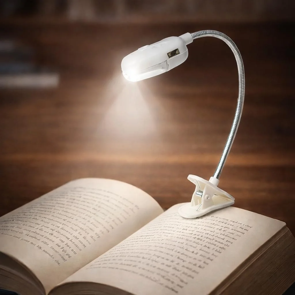 Lexroo Mandallı Kitap Okuma Işığı Yaylı Pilli Ledli Lambası Beyaz - Görsel 2