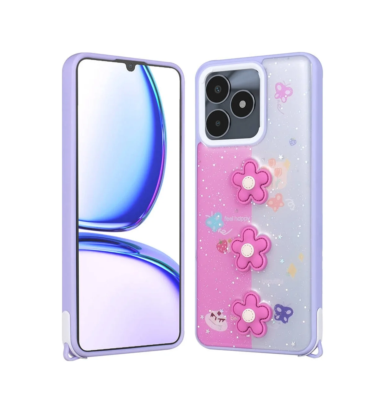 Lexroo Realme C53 Kılıf Parlayan Simli Kabartma Figürlü Cevze Kılıf - Mor Papatya Lexroo Realme C53 Kılıf Parlayan Simli Kabartma Figürlü Cevze Kılıf - Mor Papatya