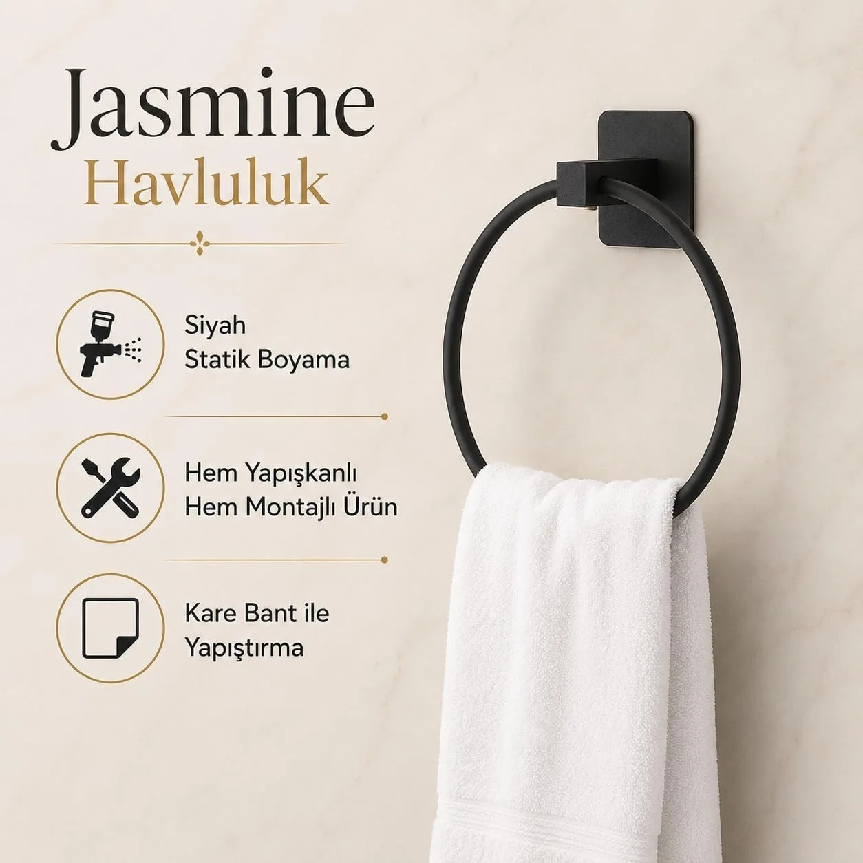 Lexroo Siyah Kare Yuvarlak Havluluk, Yapışkanlı Ve Vidalı Montajlı Duvara Monte Halka Havlu Askısı Lexroo Siyah Kare Yuvarlak Havluluk, Yapışkanlı Ve Vidalı Montajlı Duvara Monte Halka Havlu Askısı
