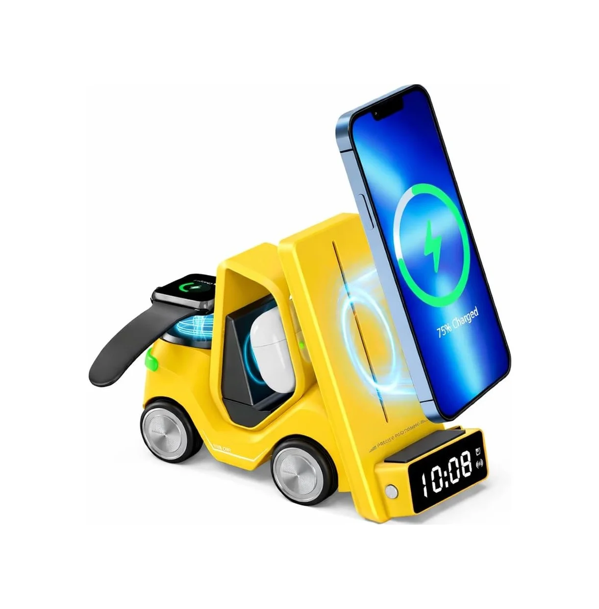 Lexroo T20 15w 5'i 1 Arada Magsafe Kablosuz Şarj İstasyonu, Dijital Saatli Forklift Tasarım Standart Lexroo T20 15w 5'i 1 Arada Magsafe Kablosuz Şarj İstasyonu, Dijital Saatli Forklift Tasarım Standart