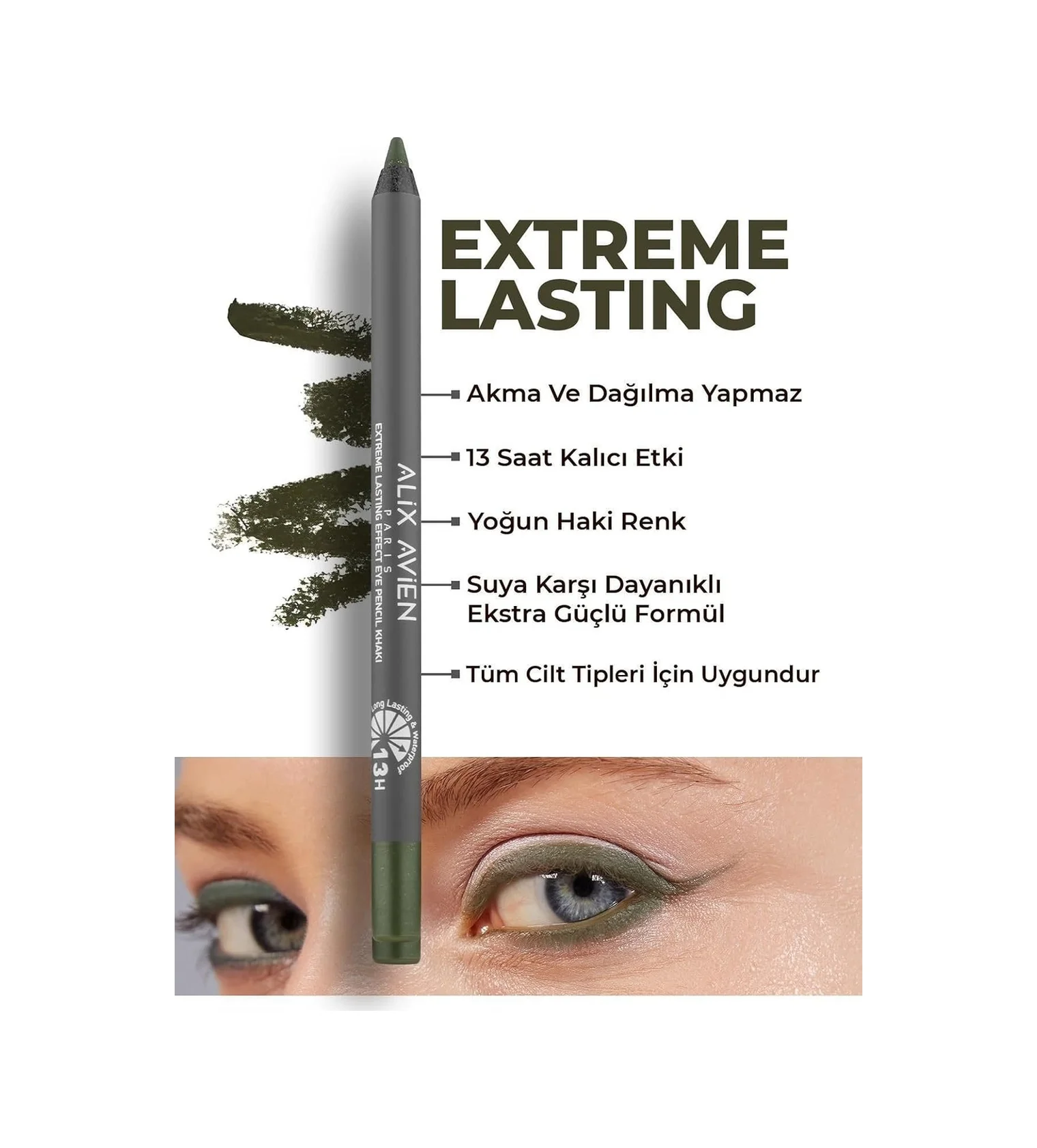 Lexroo Uzun Süre Kalıcı Suya Dayanıklı Akma, Dağılma Yapmayan Yeşil Göz Kalemi - Extreme Khaki Lexroo Uzun Süre Kalıcı Suya Dayanıklı Akma, Dağılma Yapmayan Yeşil Göz Kalemi - Extreme Khaki