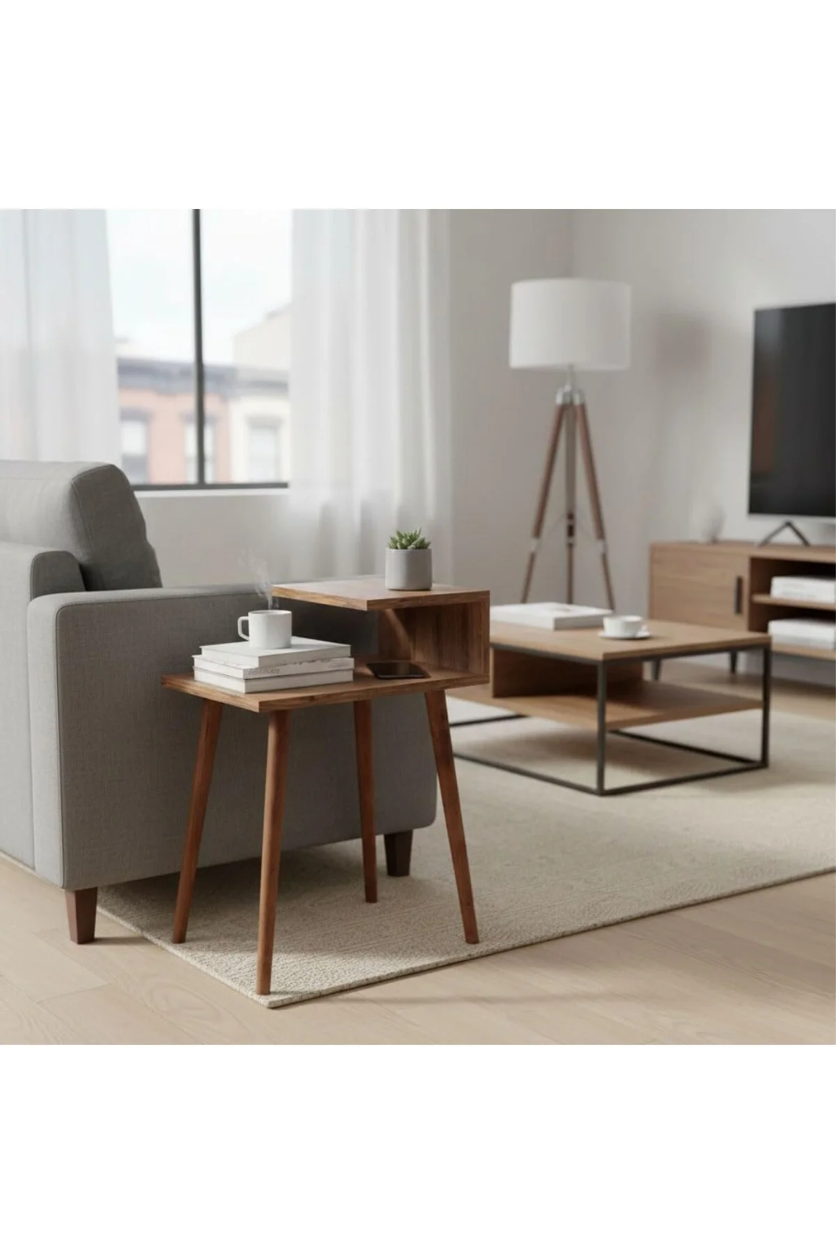 Libra 62x45x30cm Kitaplıklı Yan Sehpa 2 Katlı Koltuk Yanı Organiz