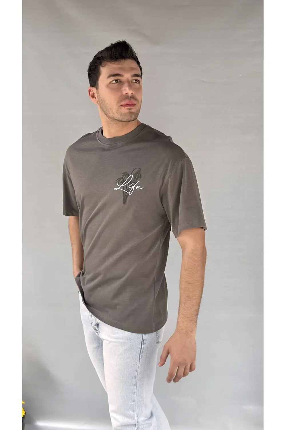 Life Baskılı Koyu Gri Erkek T-shirt
