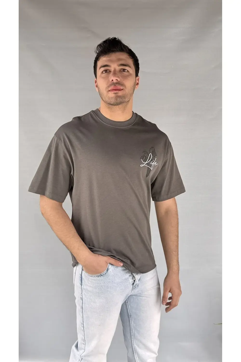 Life Baskılı Koyu Gri Erkek T-shirt