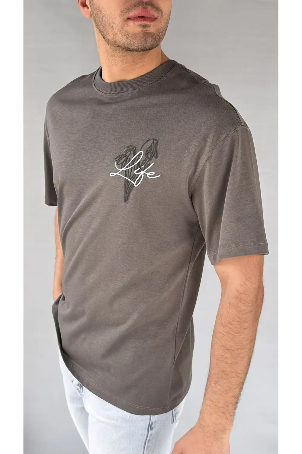 Life Baskılı Koyu Gri Erkek T-shirt