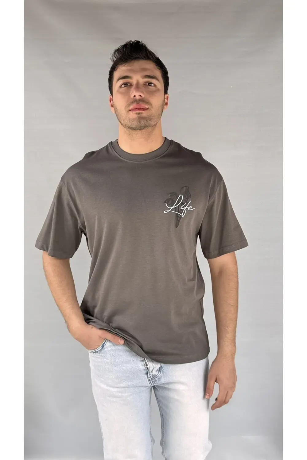 Life Baskılı Koyu Gri Erkek T-shirt