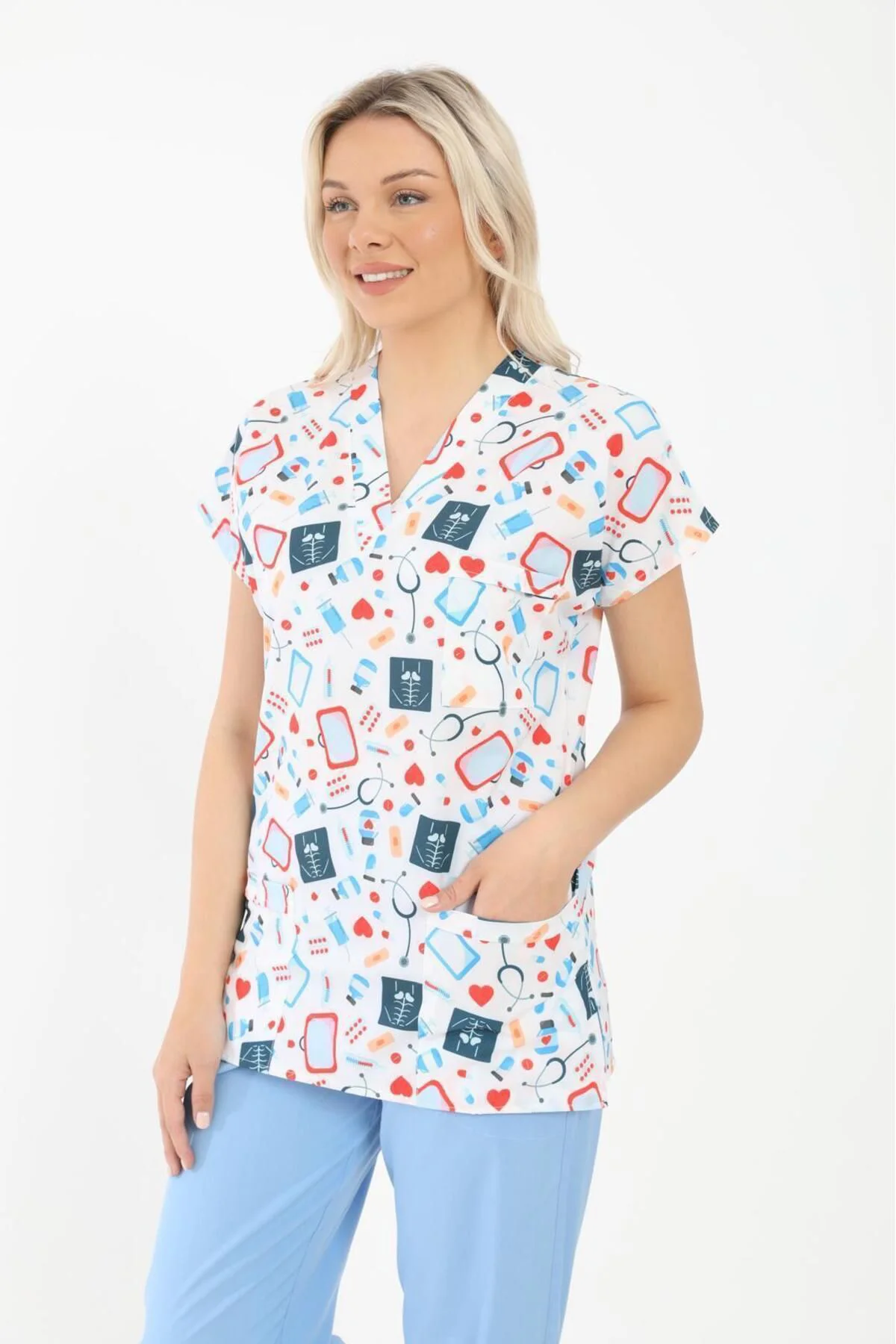 Likralı Cerrahi, Doktor, Hemşire, Veteriner, Dişçi, desenli, renkli forma tek üst scrubs