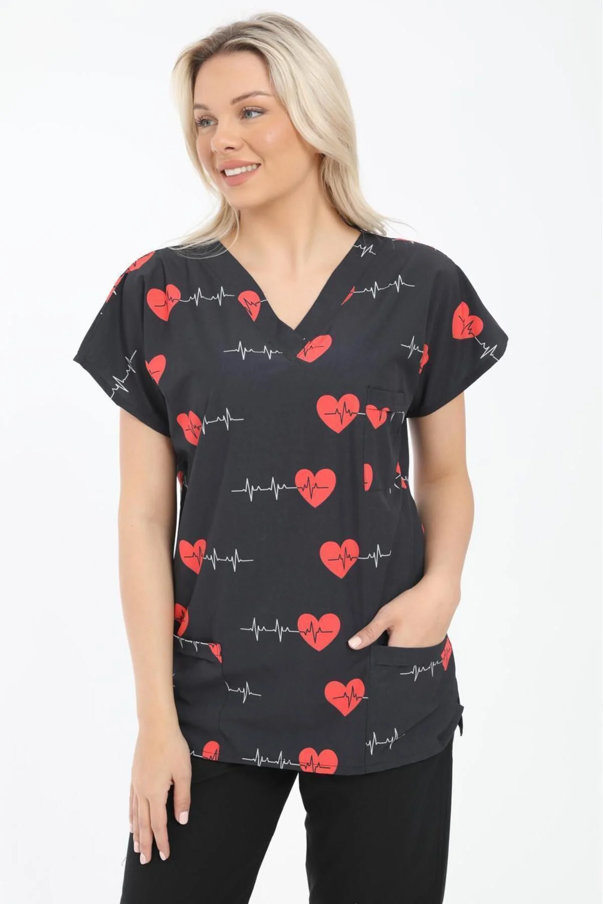 Likralı Cerrahi, Doktor, Hemşire, Veteriner, Dişçi, desenli, koyu renkli forma tek üst scrubs