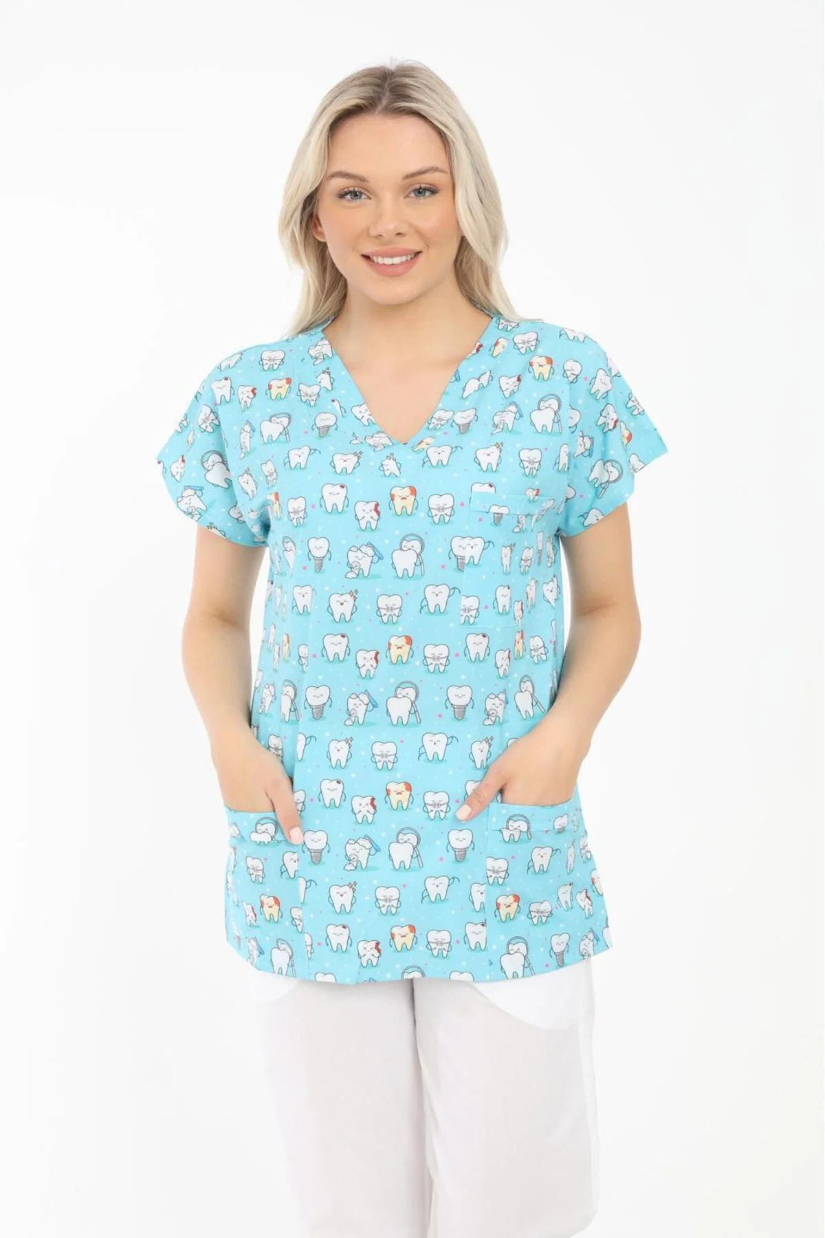 Likralı Cerrahi, Doktor, Hemşire, Veteriner, Dişçi, desenli, renkli forma tek üst scrubs