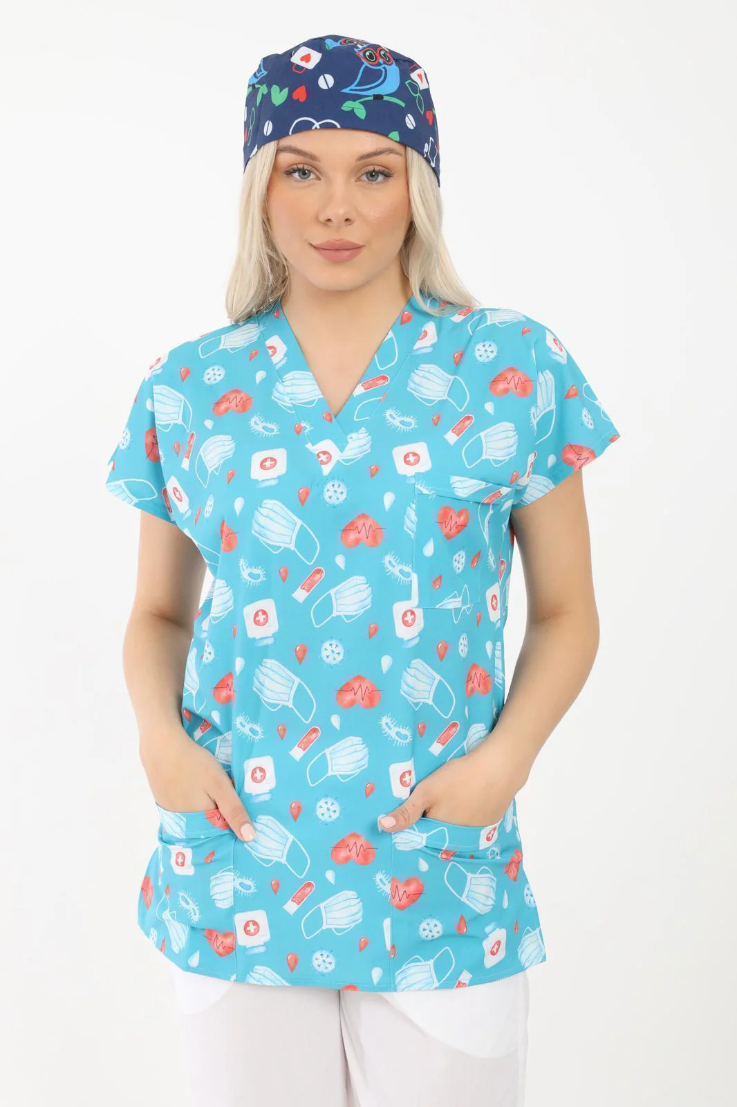 Likralı Cerrahi, Doktor, Hemşire, Veteriner, Dişçi, desenli, renkli forma tek üst scrubs