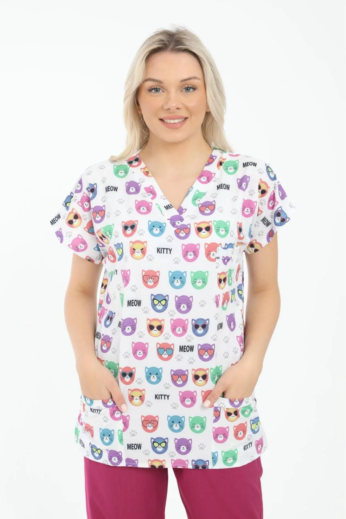 Likralı Cerrahi, Doktor, Hemşire, Veteriner, Dişçi, desenli, renkli forma tek üst scrubs