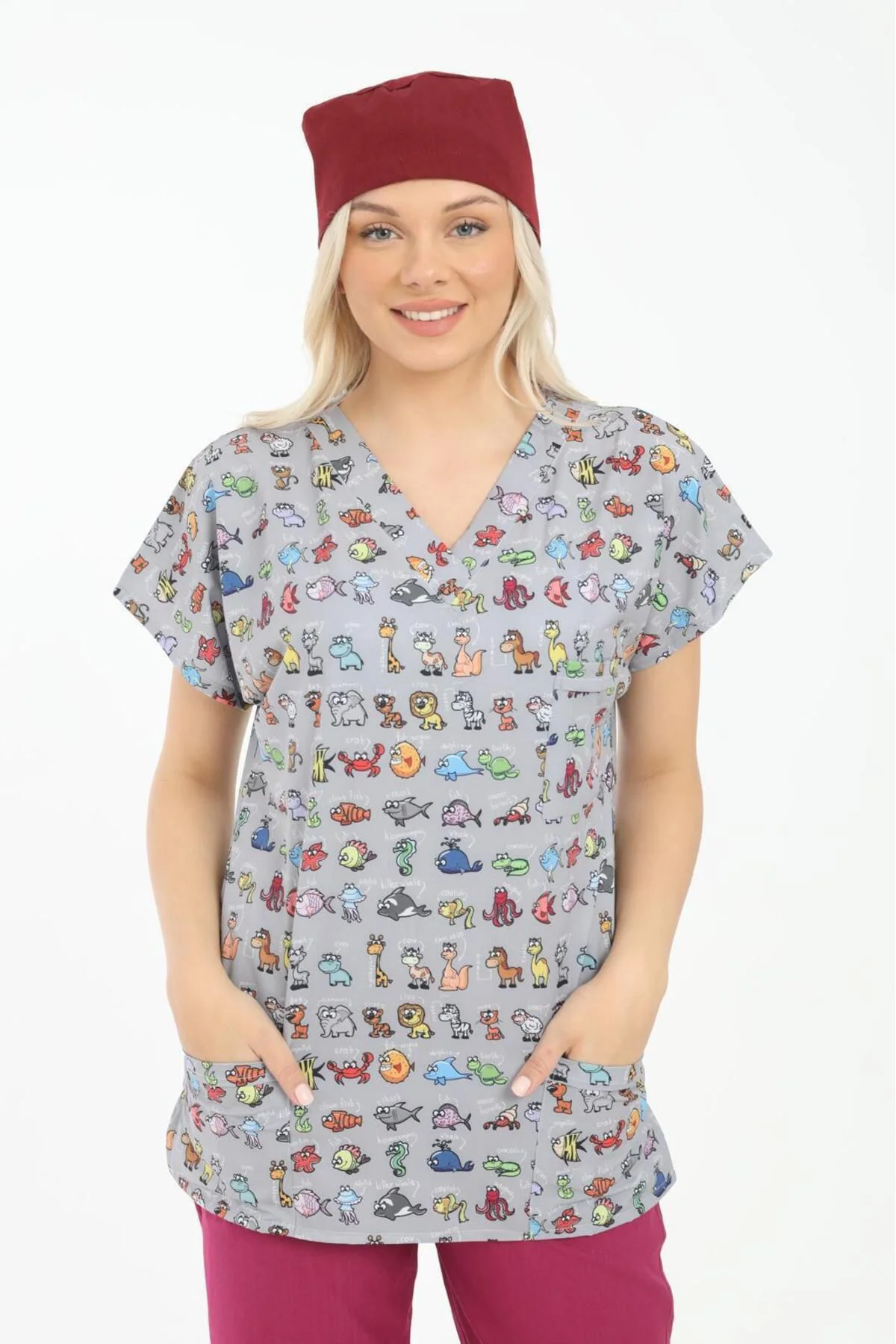 Likralı Cerrahi, Doktor, Hemşire, Veteriner, Dişçi, desenli, koyu renkli forma tek üst scrubs