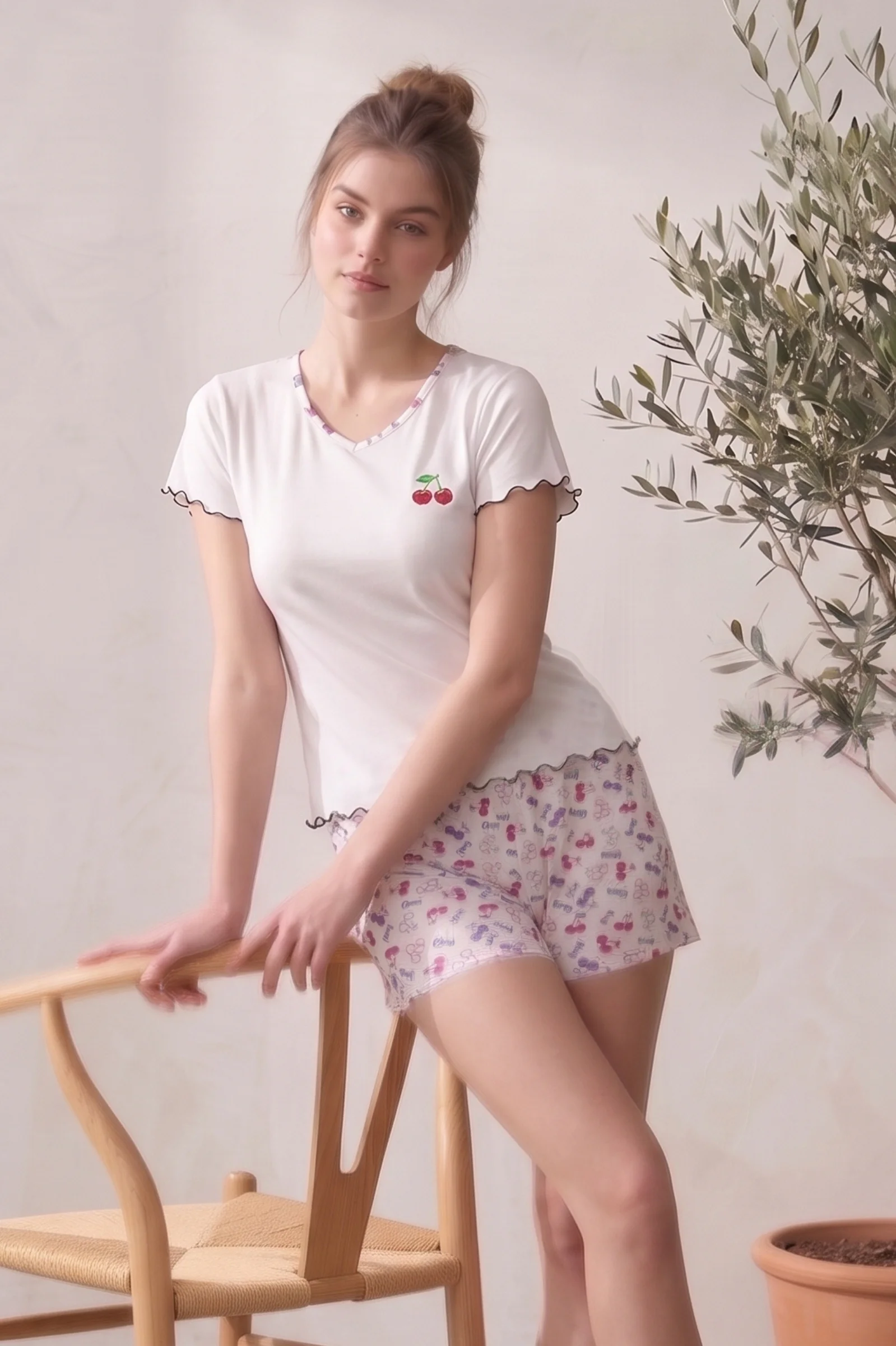 Likralı Desenli Kaşkorse Kısa Kollu Şortlu Takım, Beyaz, M/L Fiyatı, Yorumları ve Özellikleri