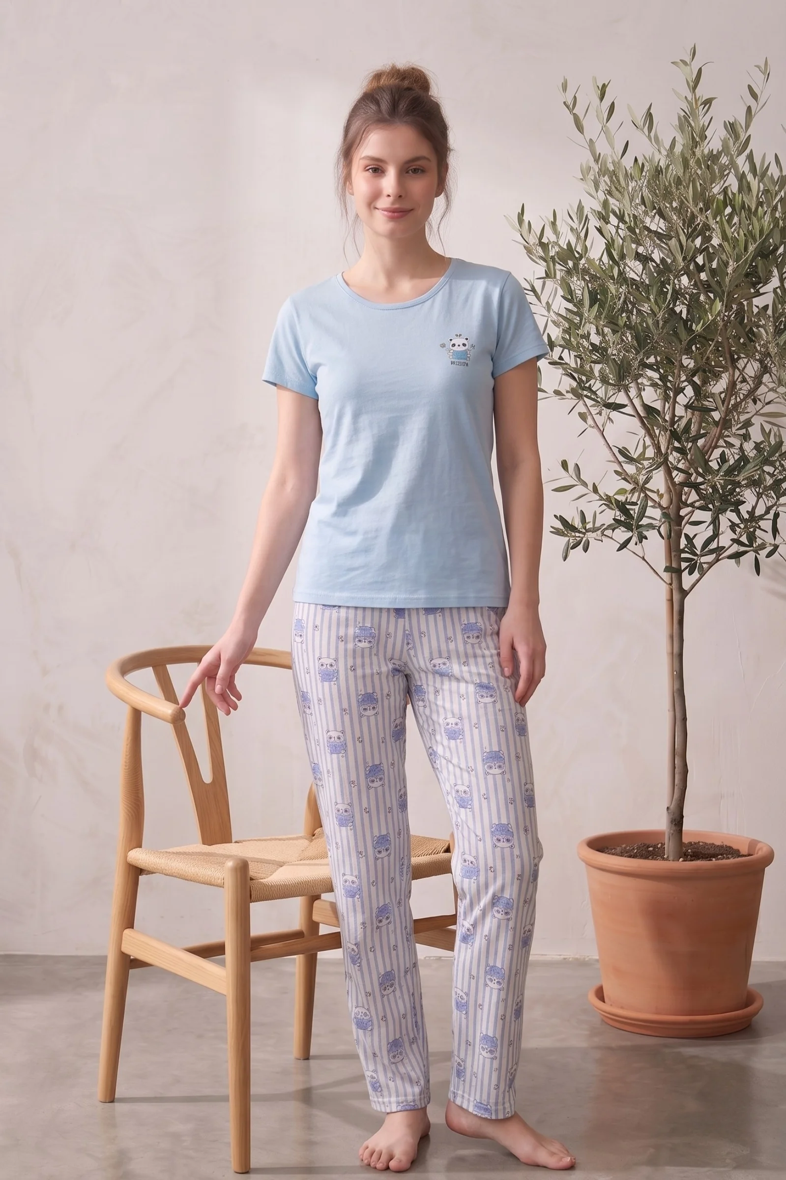 Likralı Desenli Kısa Kollu Yazlık Rahat ve Esnek Pijama Takımı, Mavi, 2XL