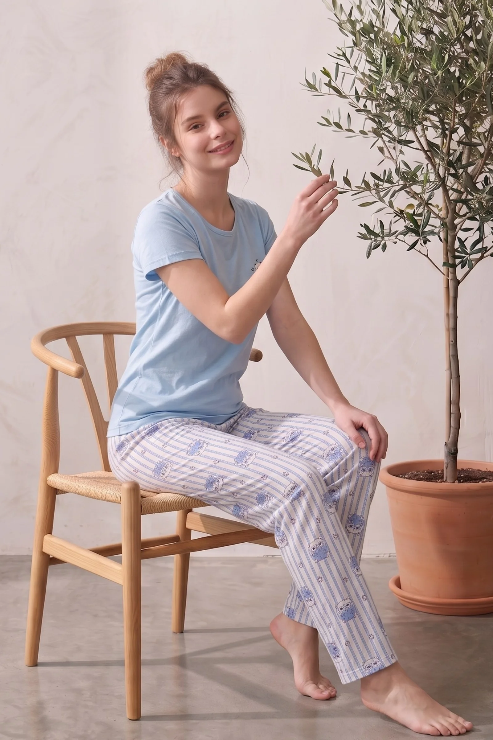 Likralı Desenli Kısa Kollu Yazlık Rahat ve Esnek Pijama Takımı, Mavi, 2XL