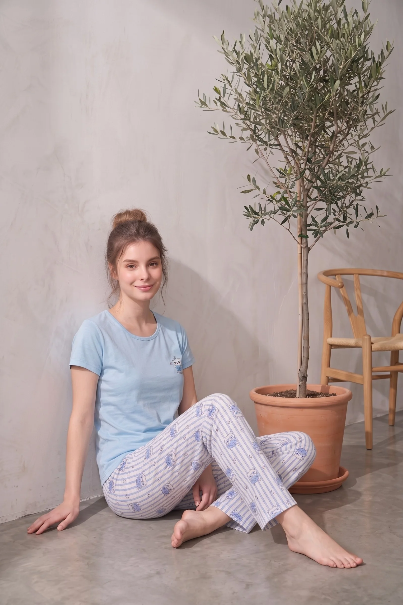 Likralı Desenli Kısa Kollu Yazlık Rahat ve Esnek Pijama Takımı, Mavi, 2XL