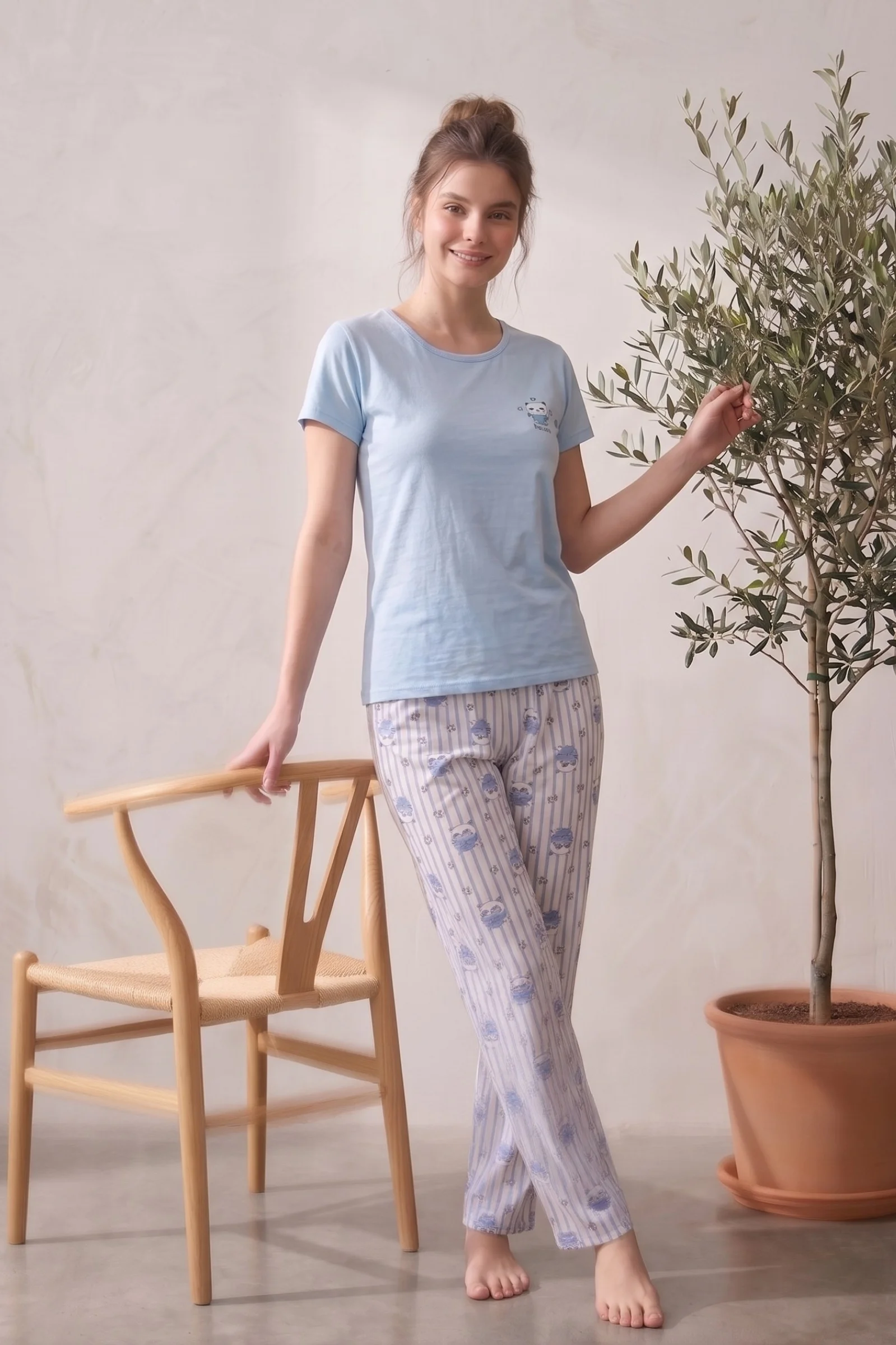 Likralı Desenli Kısa Kollu Yazlık Rahat ve Esnek Pijama Takımı, Mavi, 2XL
