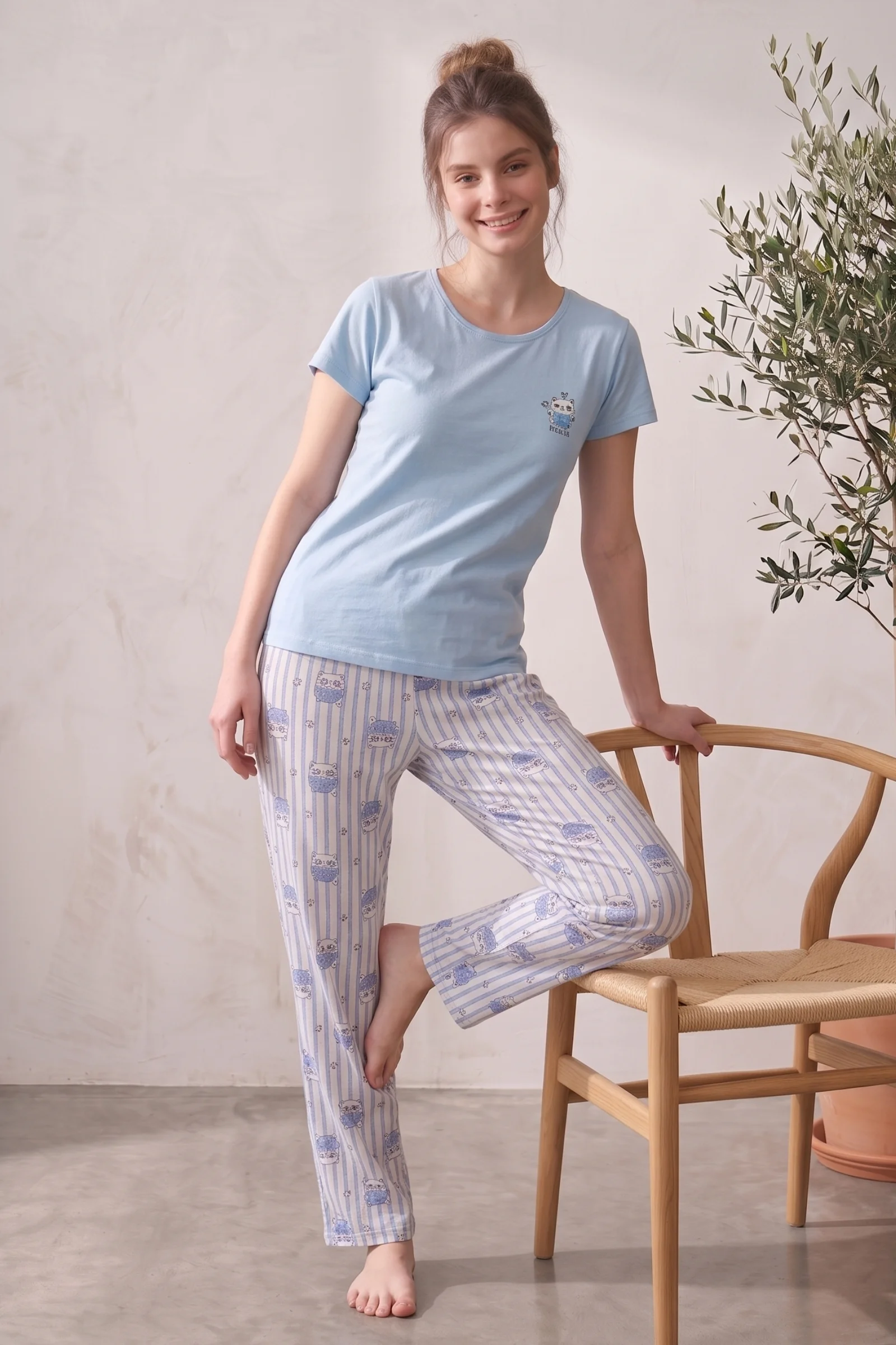 Likralı Desenli Kısa Kollu Yazlık Rahat ve Esnek Pijama Takımı, Mavi, 2XL