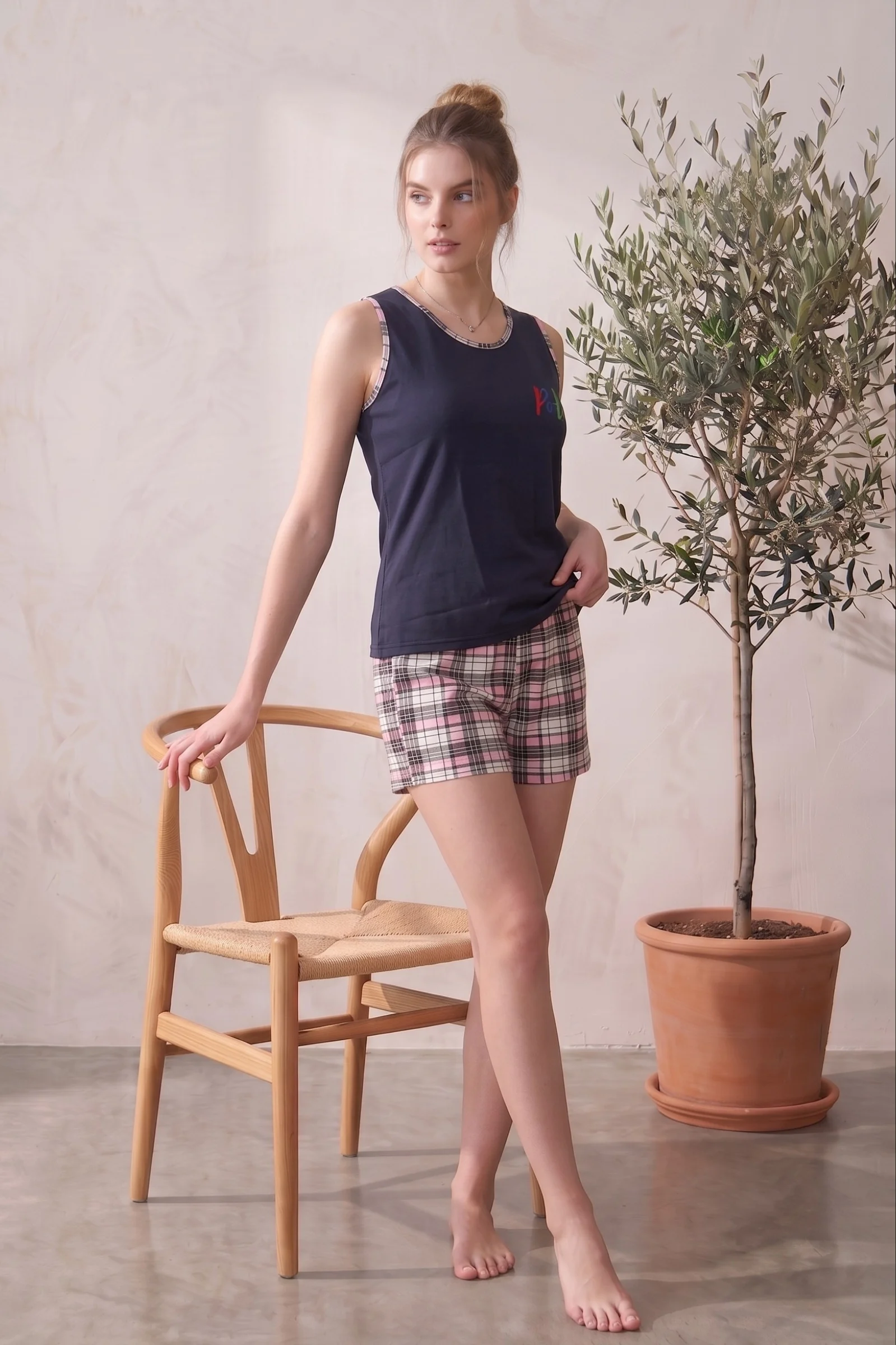 Likralı Ekose Kareli Kiraz Desenli Kalın Askılı Şort Takım, Lacivert, XL/XXL