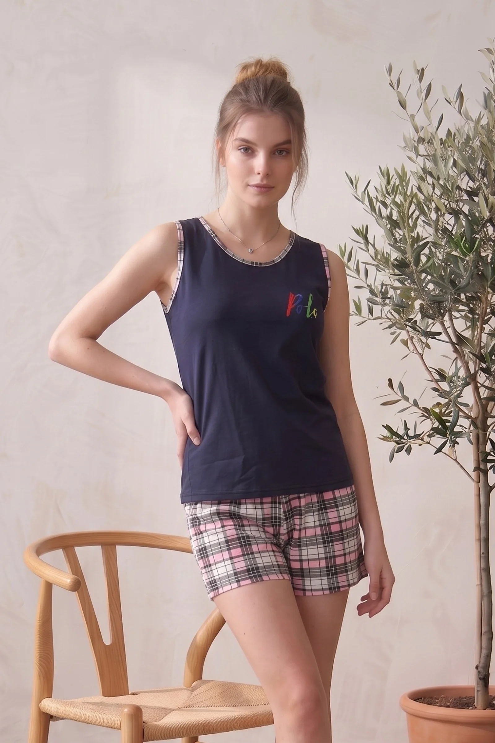 Likralı Ekose Kareli Kiraz Desenli Kalın Askılı Şort Takım, Lacivert, XL/XXL