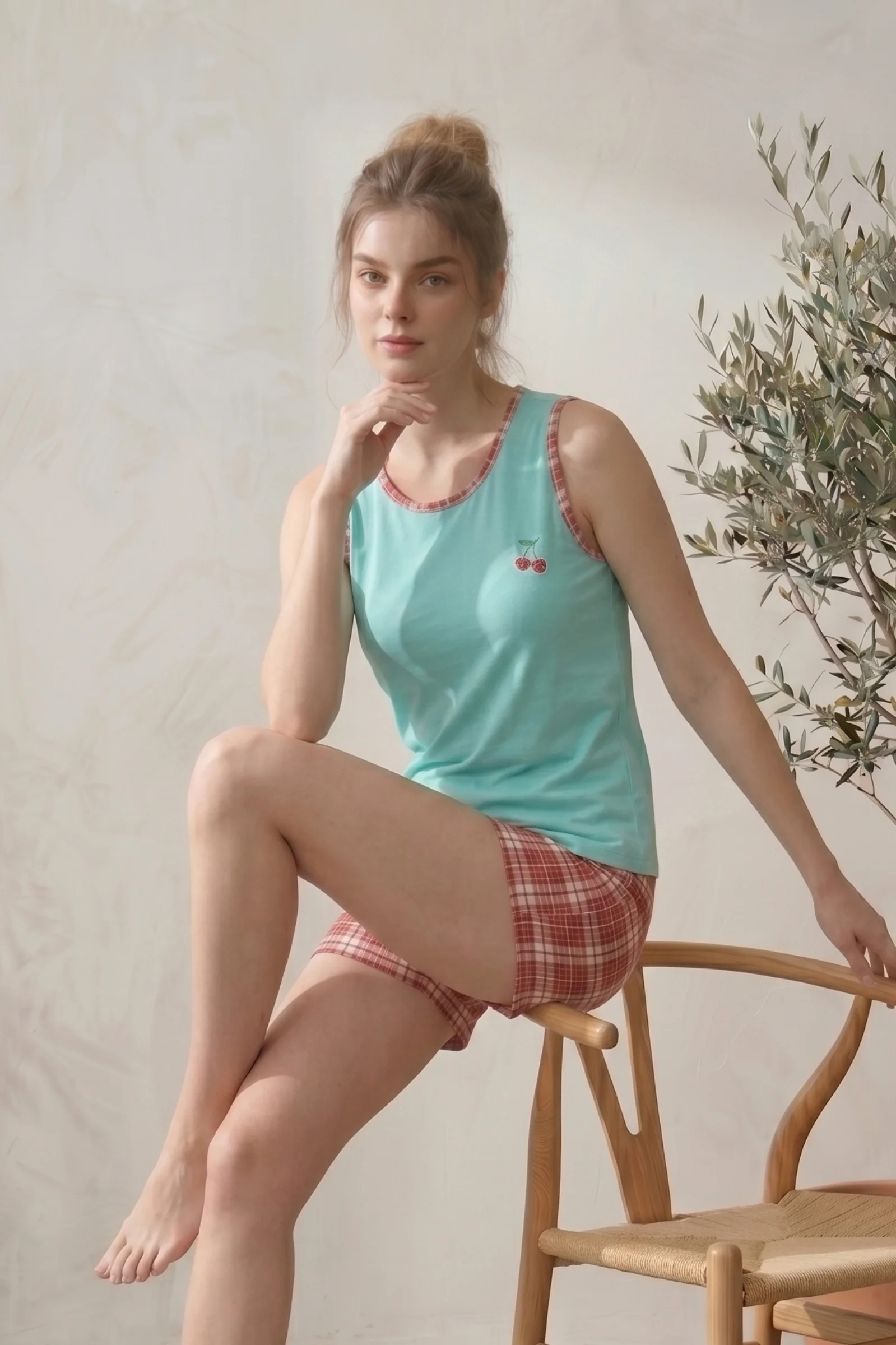 Likralı Ekose Kareli Kiraz Desenli Kalın Askılı Şort Takım, Mint, XL/XXL