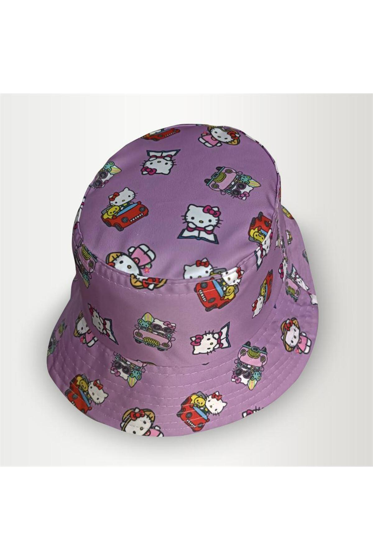 Lila Hello Kitty On The Way To School Kolaj Bucket Şapka