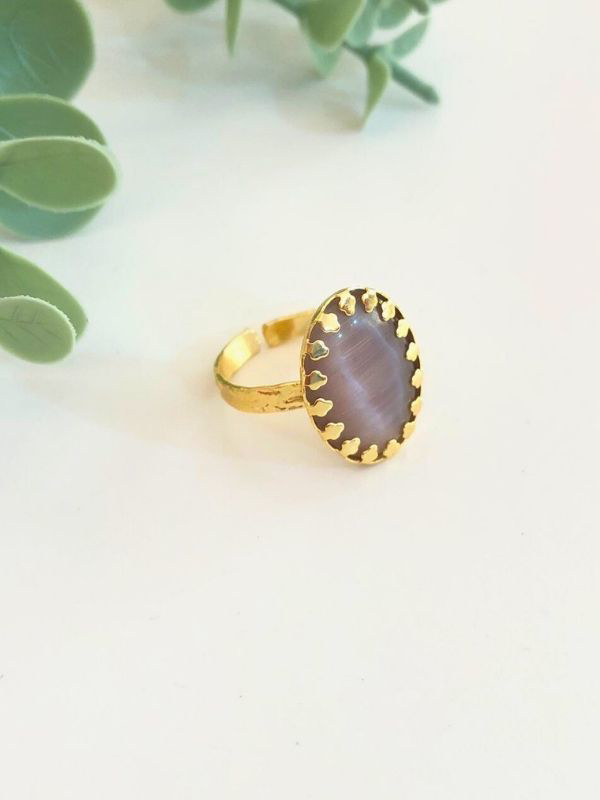 LİLA KEDİ GÖZÜ TAŞI ORJİNAL DOĞALTAŞ ALTIN KAPLAMA AYARLANABİLİNİ