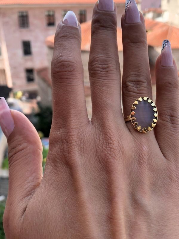 LİLA KEDİ GÖZÜ TAŞI ORJİNAL DOĞALTAŞ ALTIN KAPLAMA AYARLANABİLİNİ