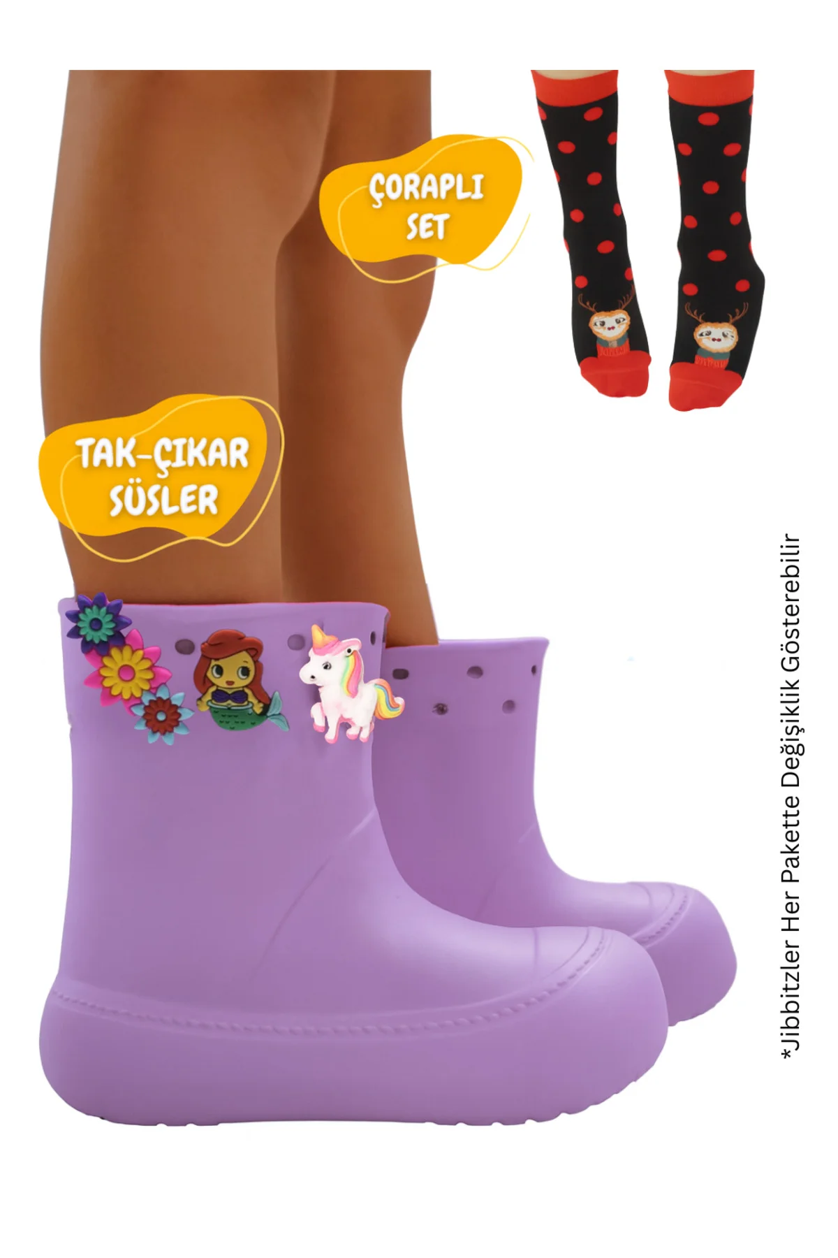 Lila Kız Çocuk Yağmur Botu & Çorap Set
