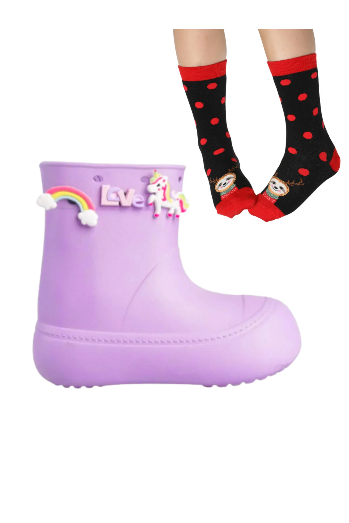 Lila Kız Çocuk Yağmur Botu & Çorap Set